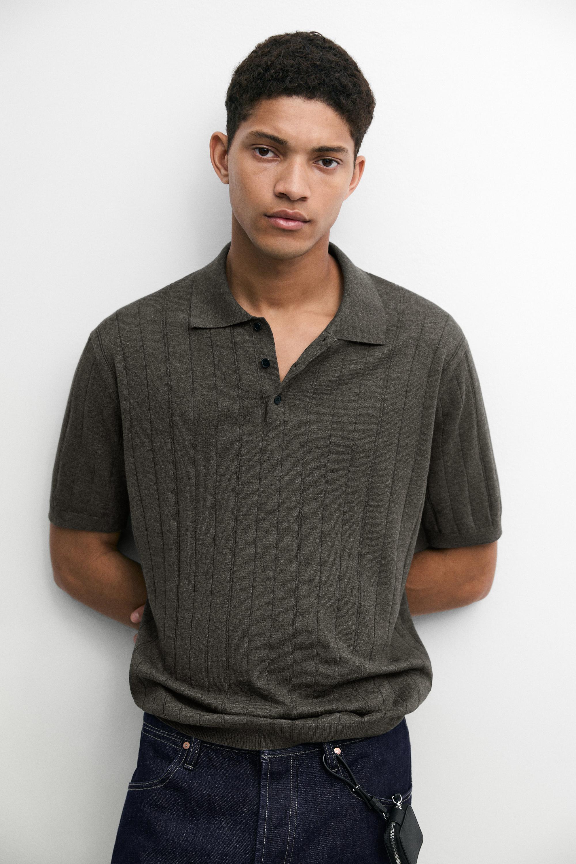 Knit cotton blend polo shirt with short sleeves — CHARCOAL