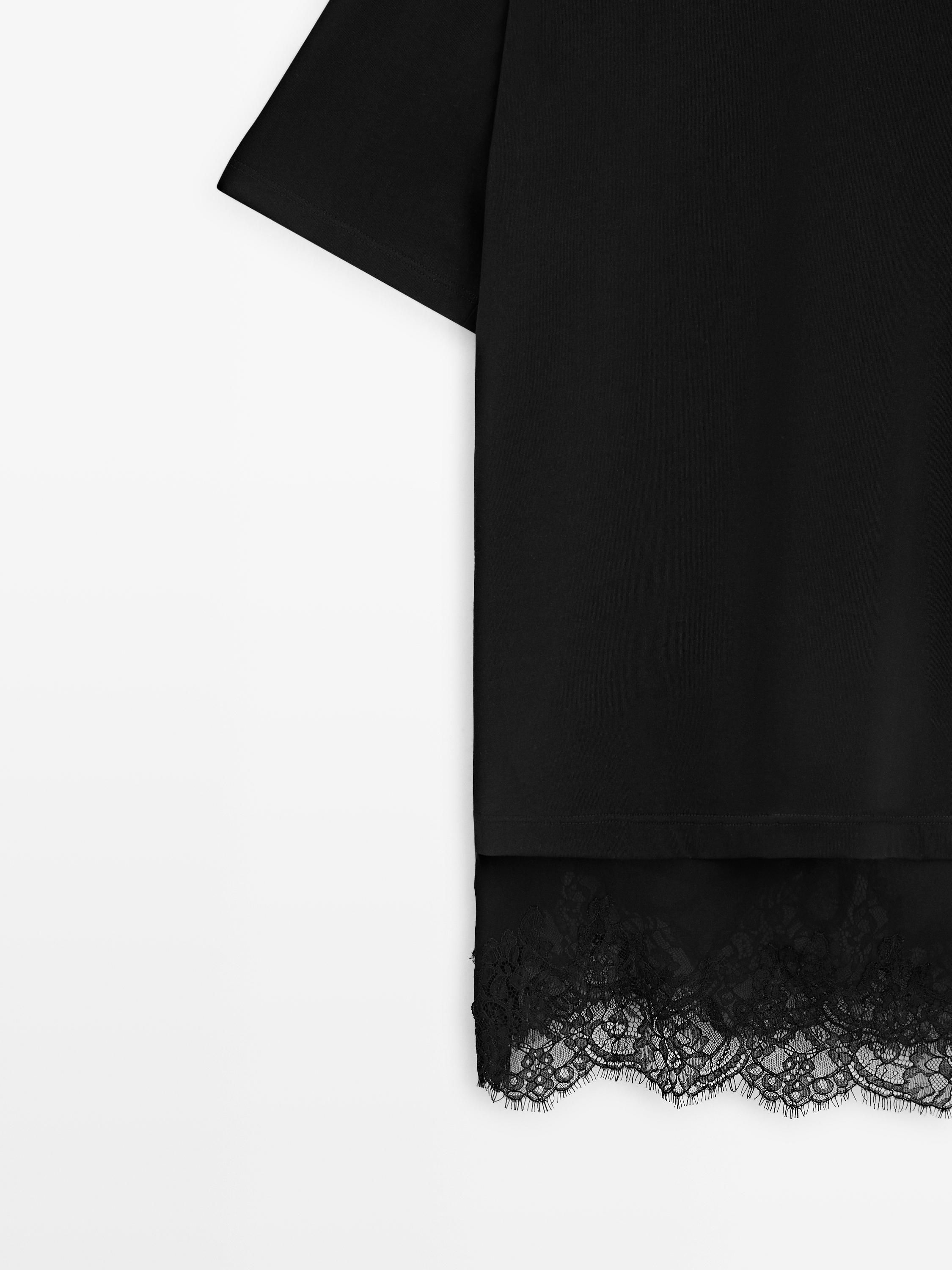 Short sleeve T-shirt with lace detail — BLACK