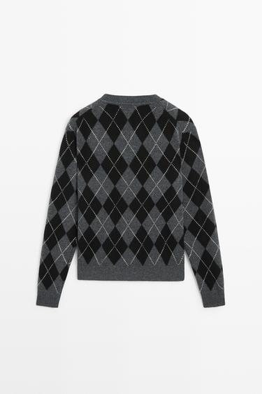 100% wool argyle knit cardigan — DARK GREY 6