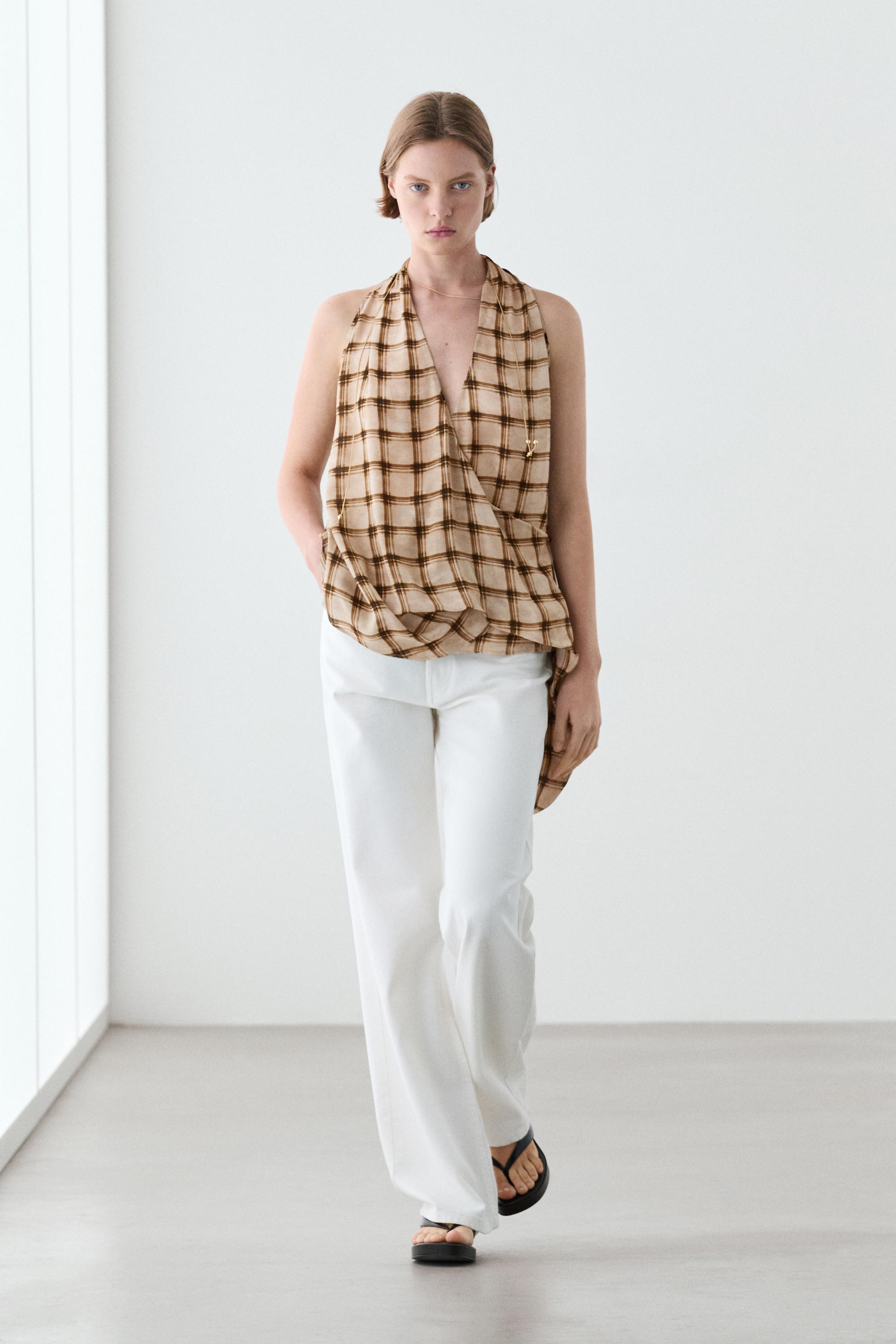 Flowing check print surplice top — BROWN