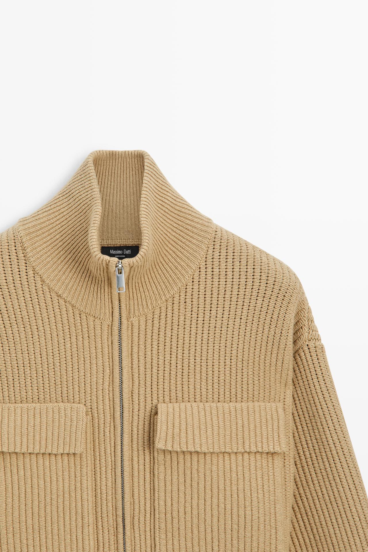 Zip-up knit cardigan with cotton — CAMEL