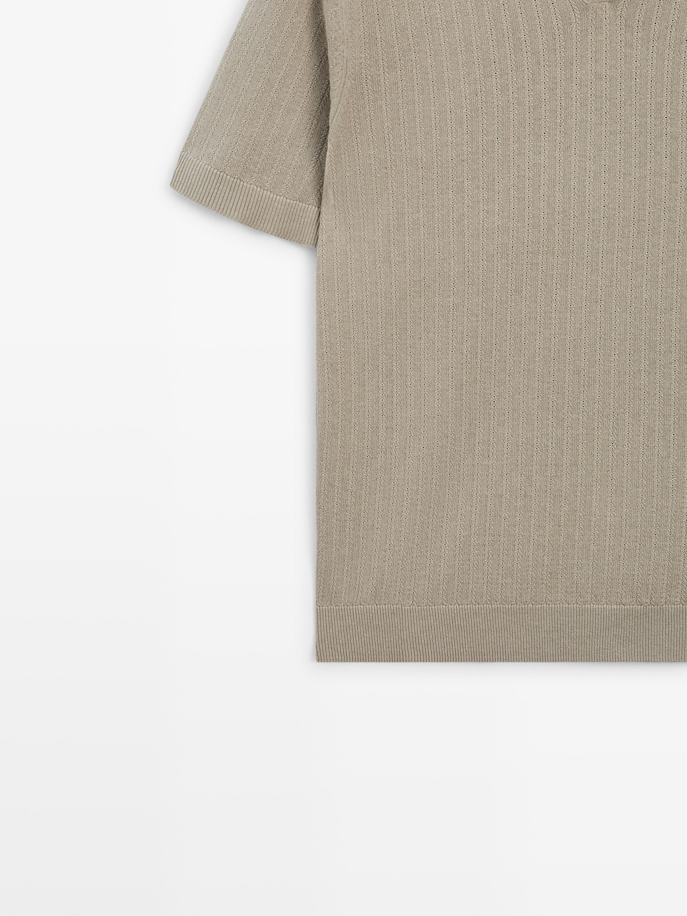 Knit polo sweater with cutwork detail — TAUPE GREY