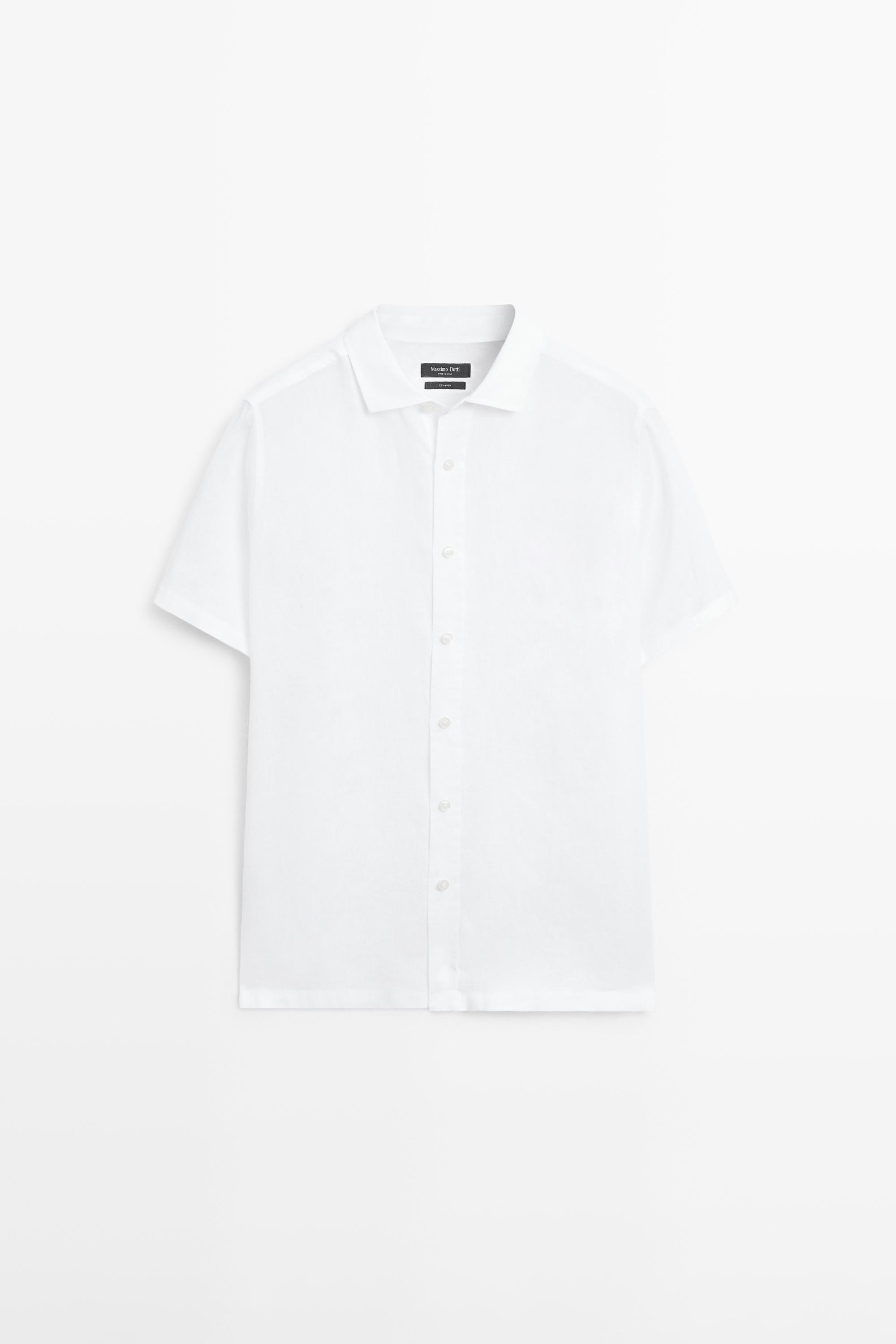 100% linen regular fit short sleeve shirt — WHITE