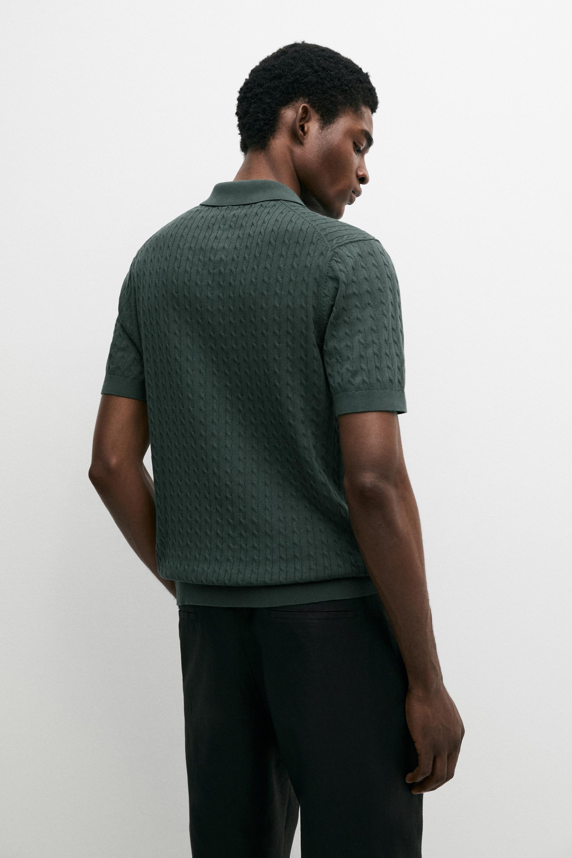 100% cotton cable-knit polo shirt — DARK BOTTLE GREEN