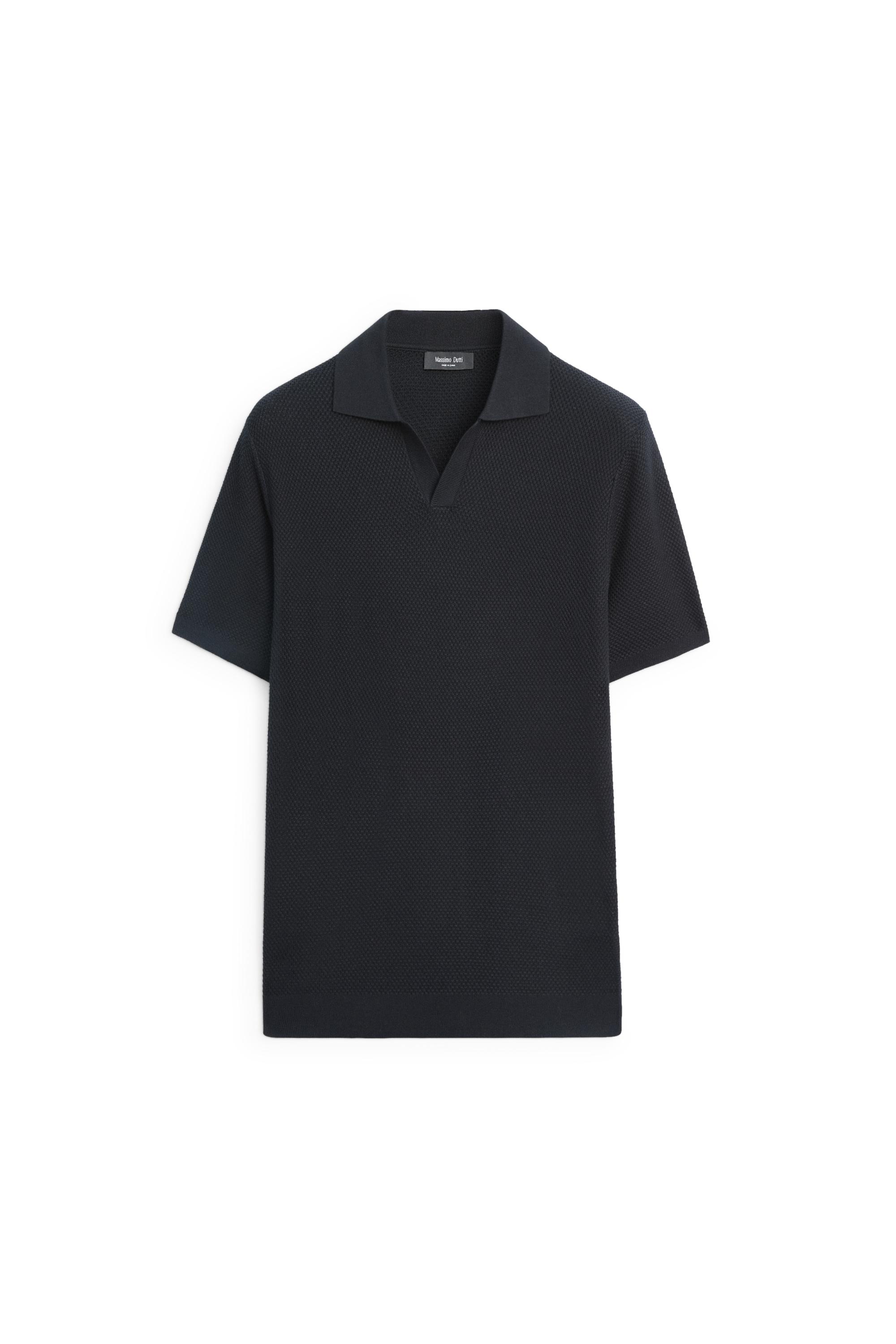 Cotton blend knit V-neck polo shirt — NAVY BLUE
