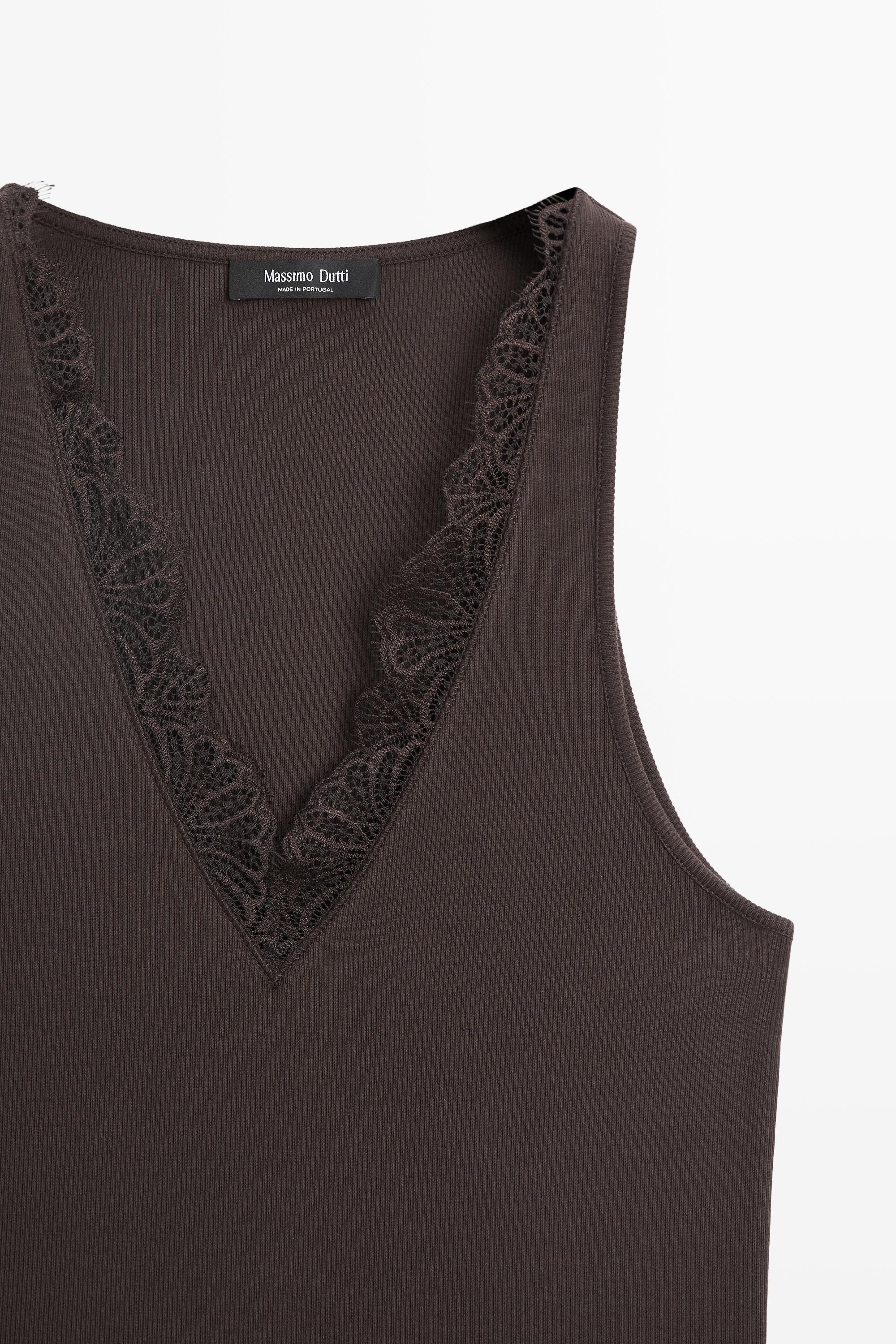 V-neck top with lace detail — BROWN