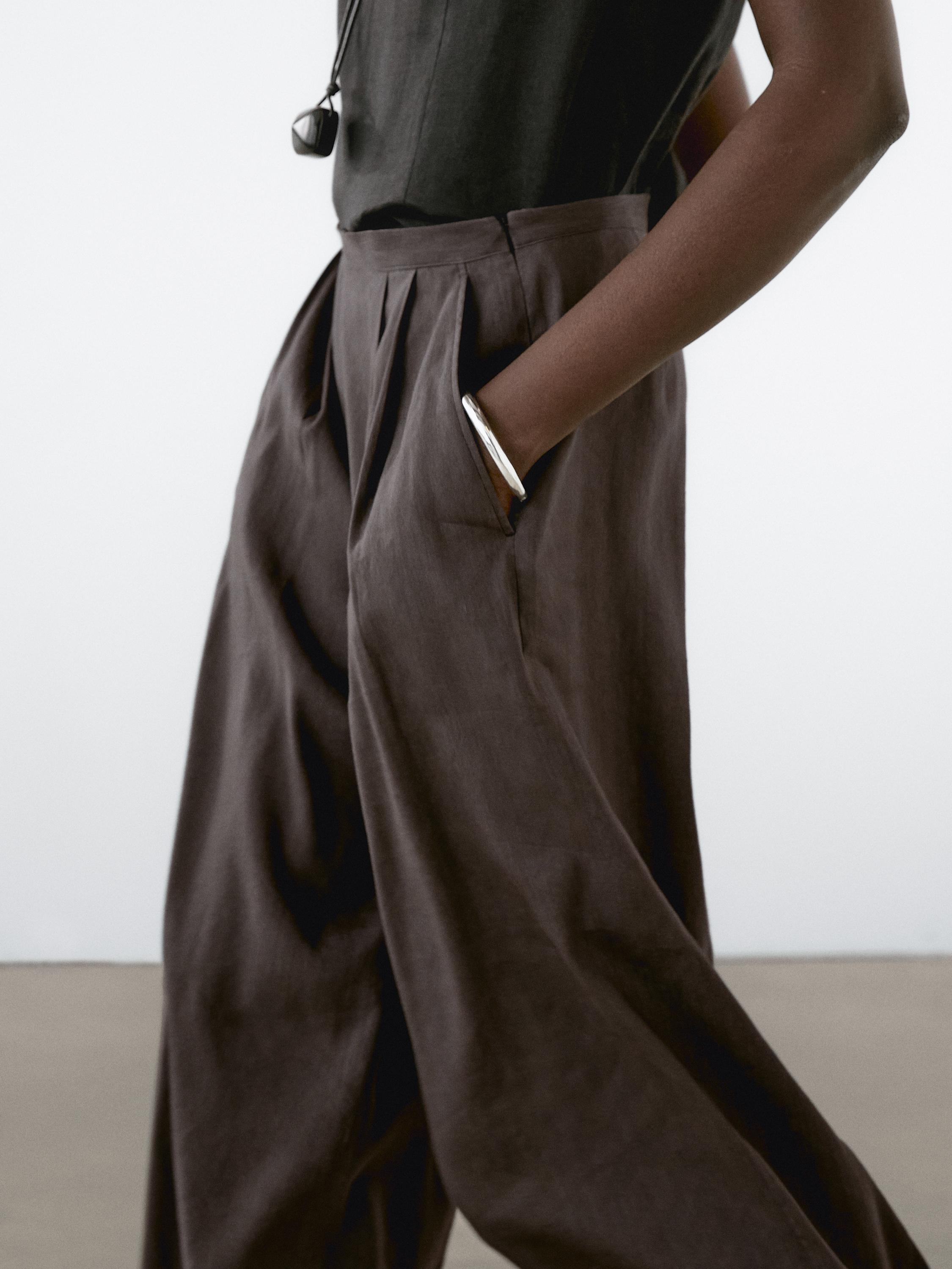 Linen blend pleated trousers