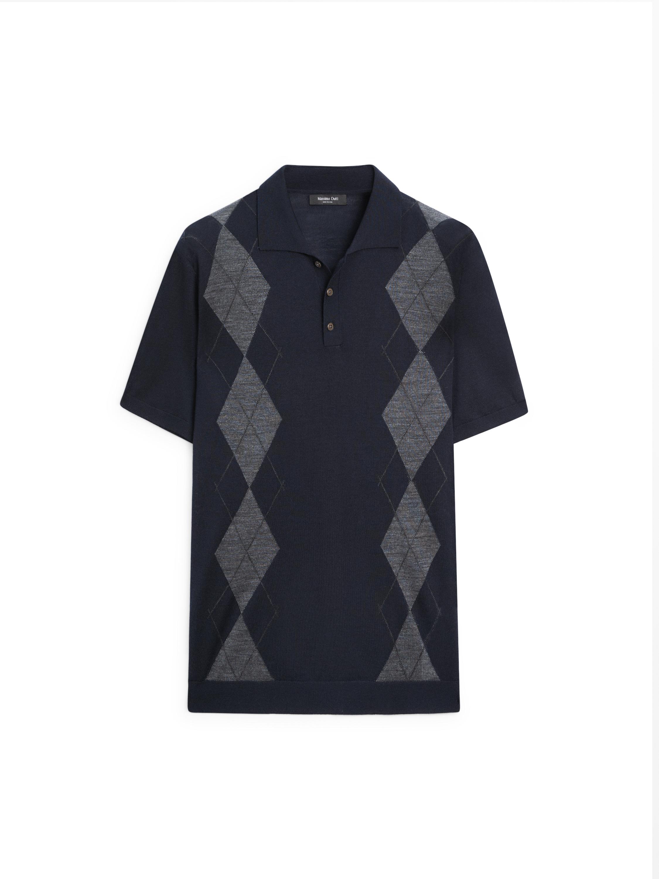 Merino wool blend argyle knit polo sweater — NAVY BLUE