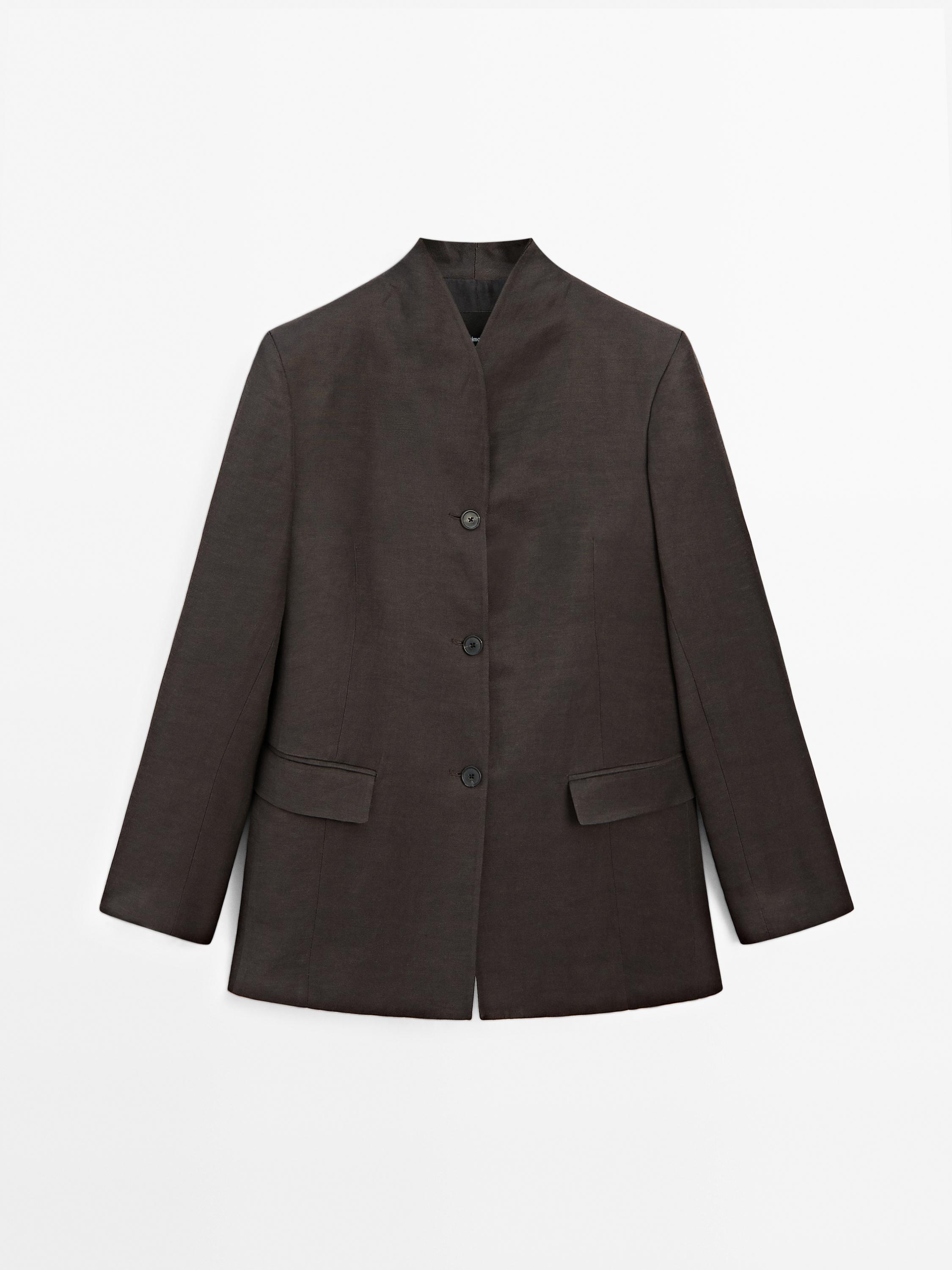 Linen blend high neck blazer
