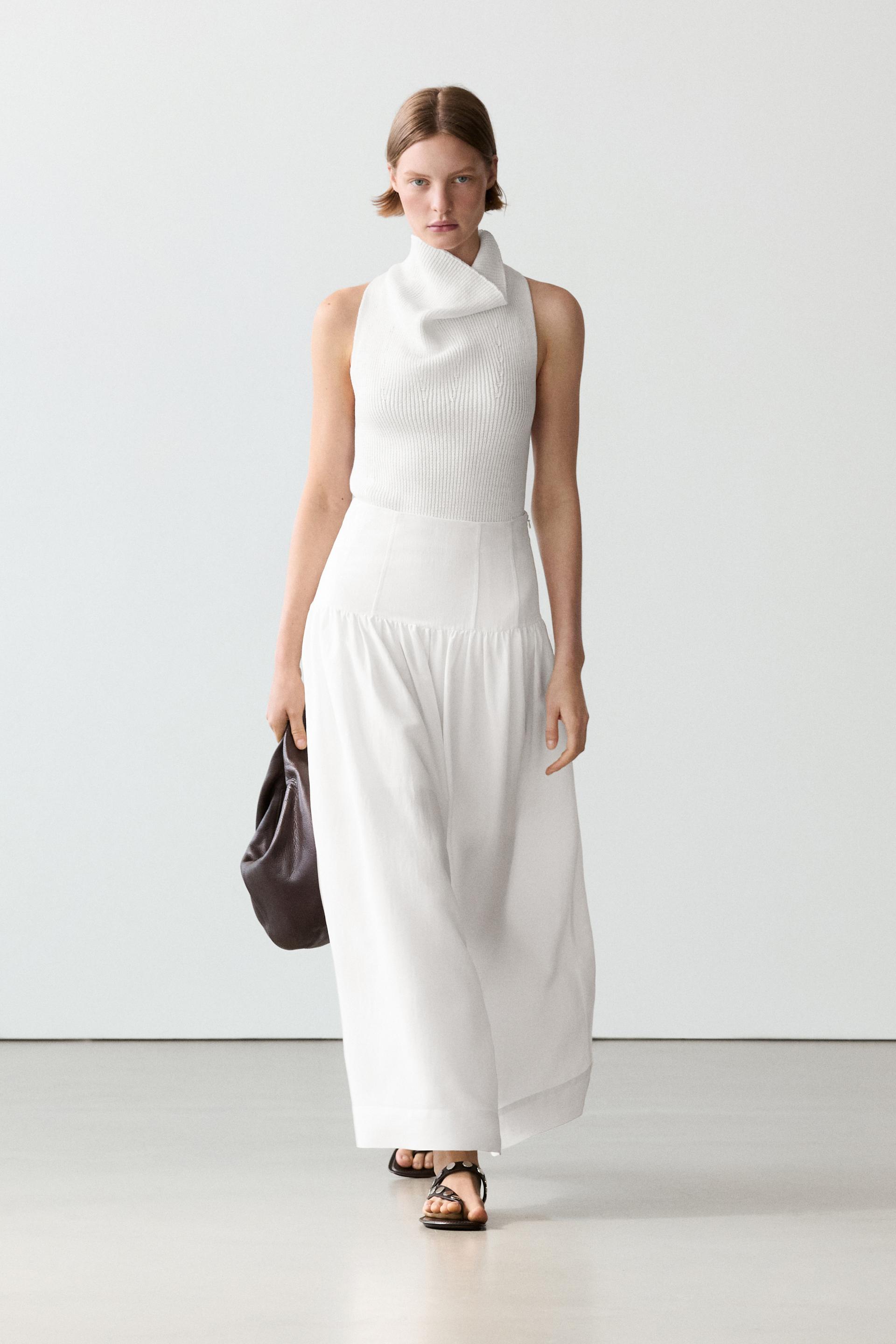 Gonna Midi Con Dettaglio Di Carré - Bianco - 38 (It 42) - Massimo Dutti - Femminile