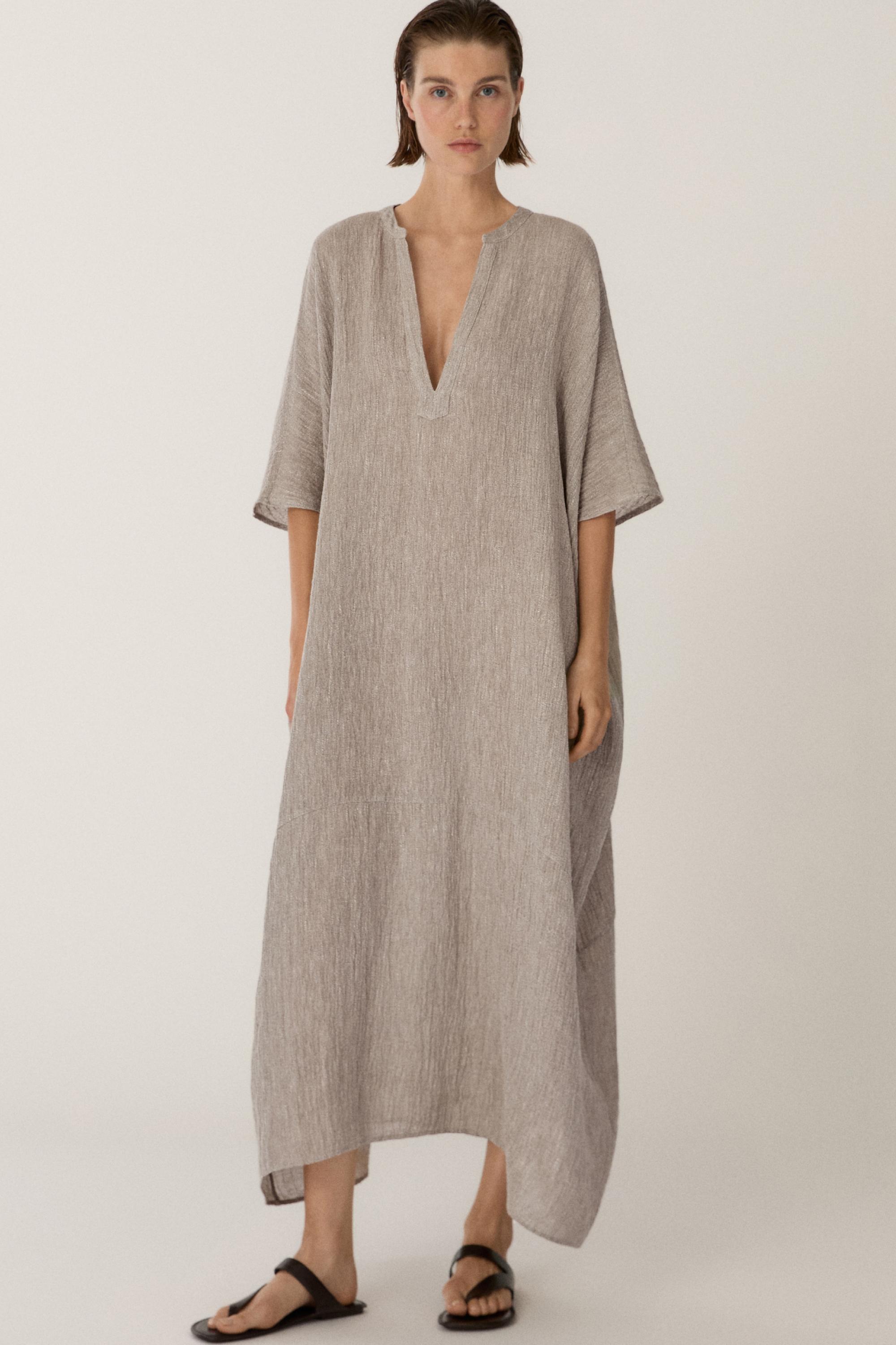 Waffle-knit linen blend kaftan dress — MINK