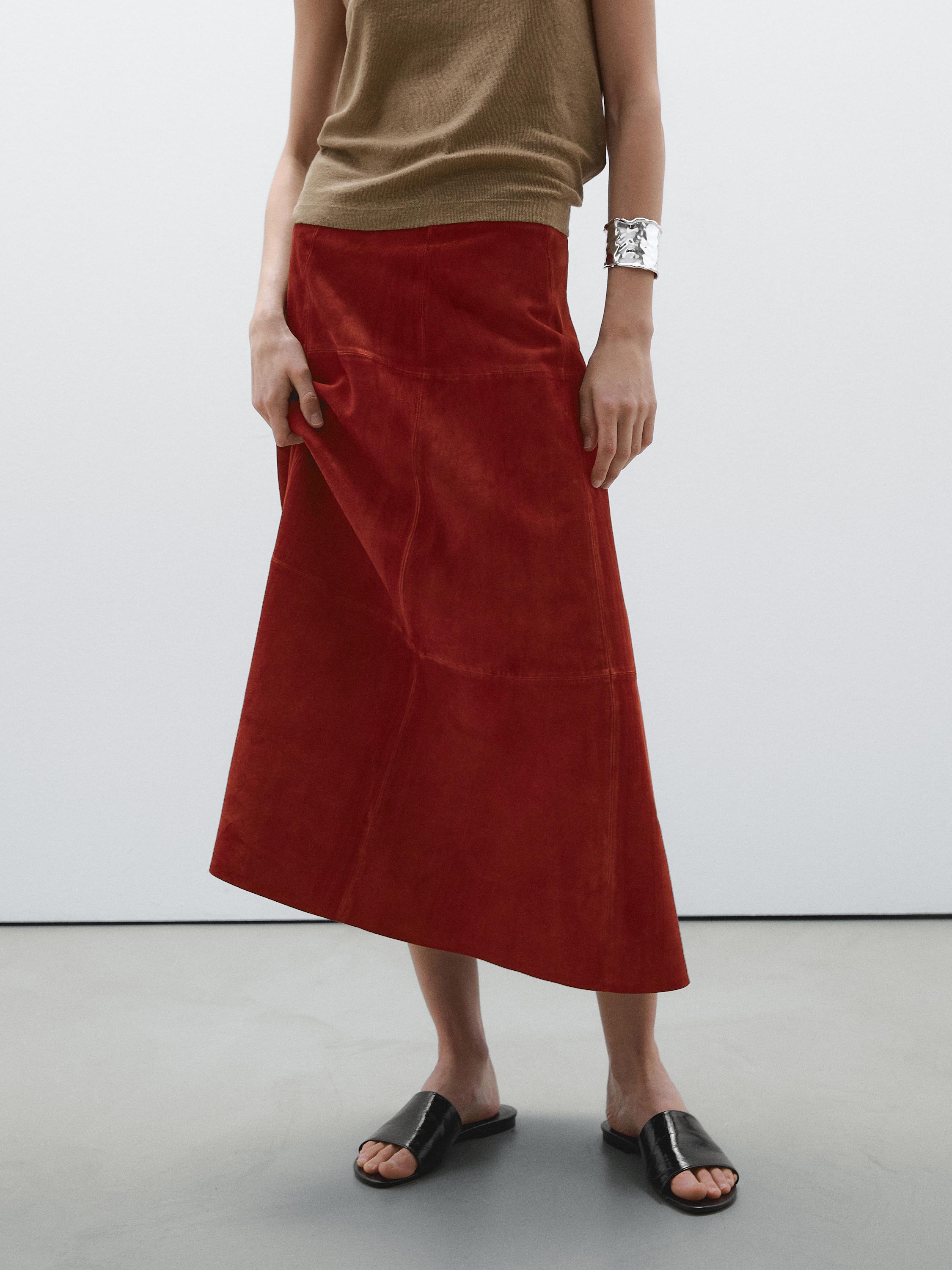 Suede leather flared midi skirt