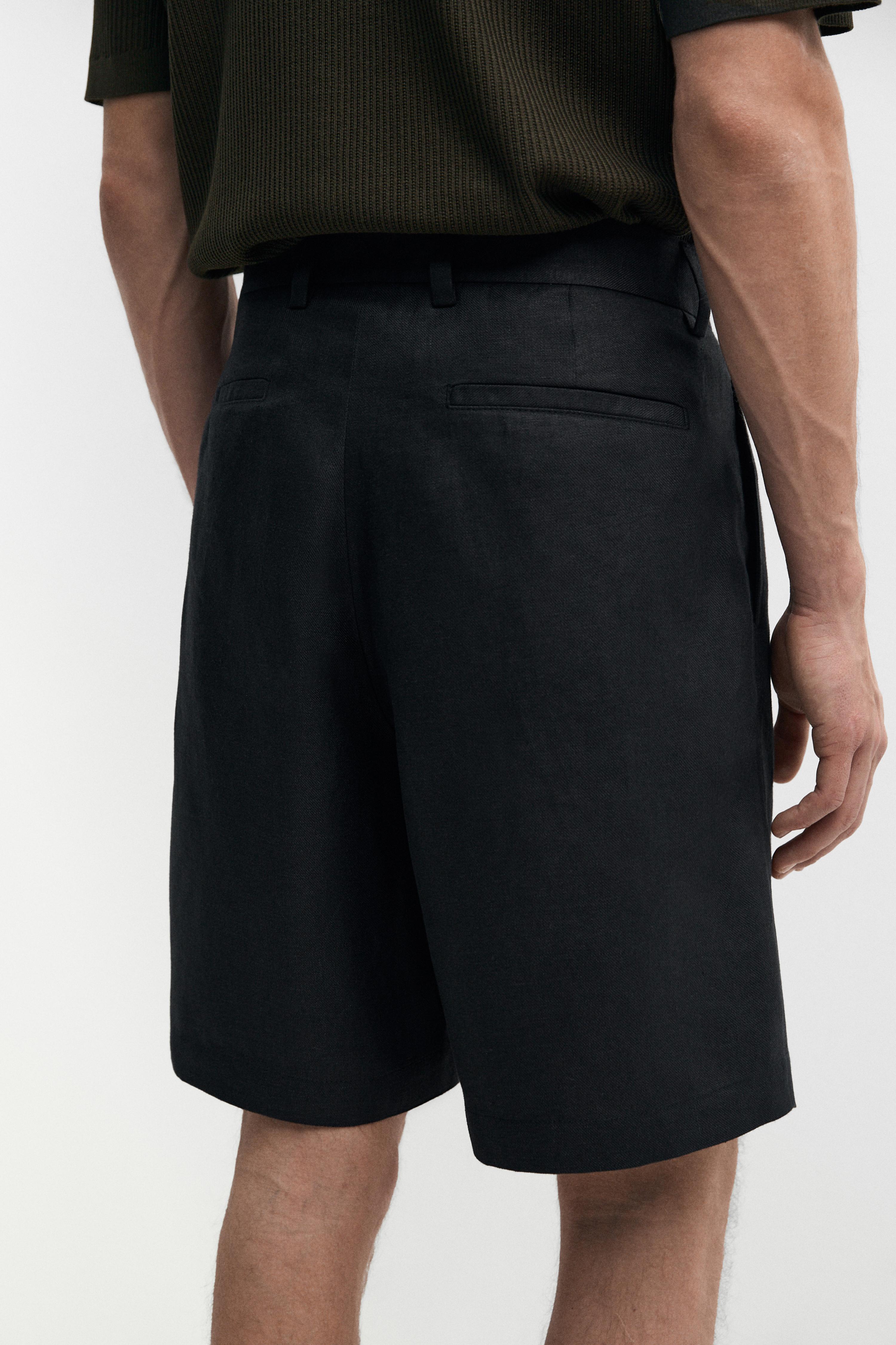 Linen Bermuda shorts with darts — BLACK