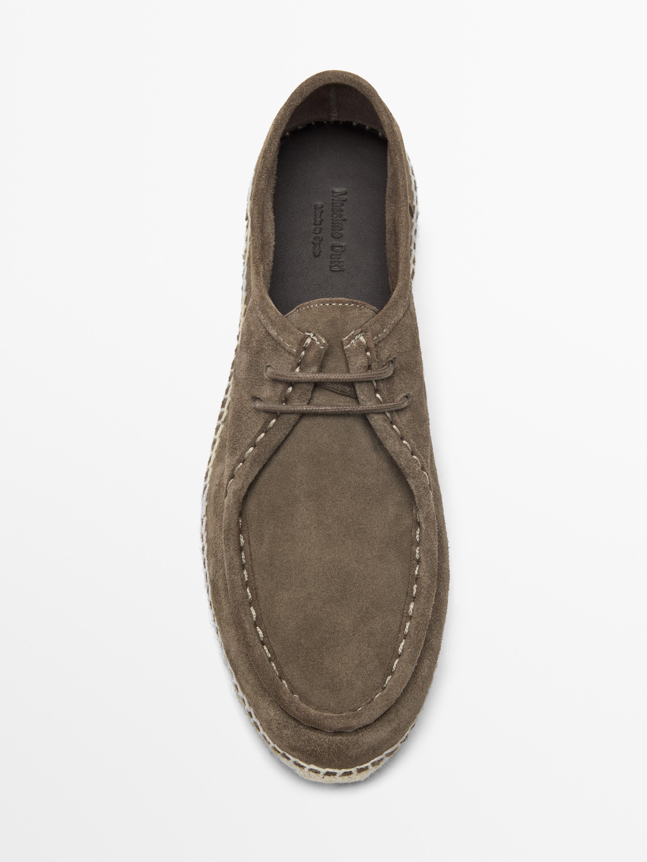 Split leather shoes with moc toe and jute sole — GREY