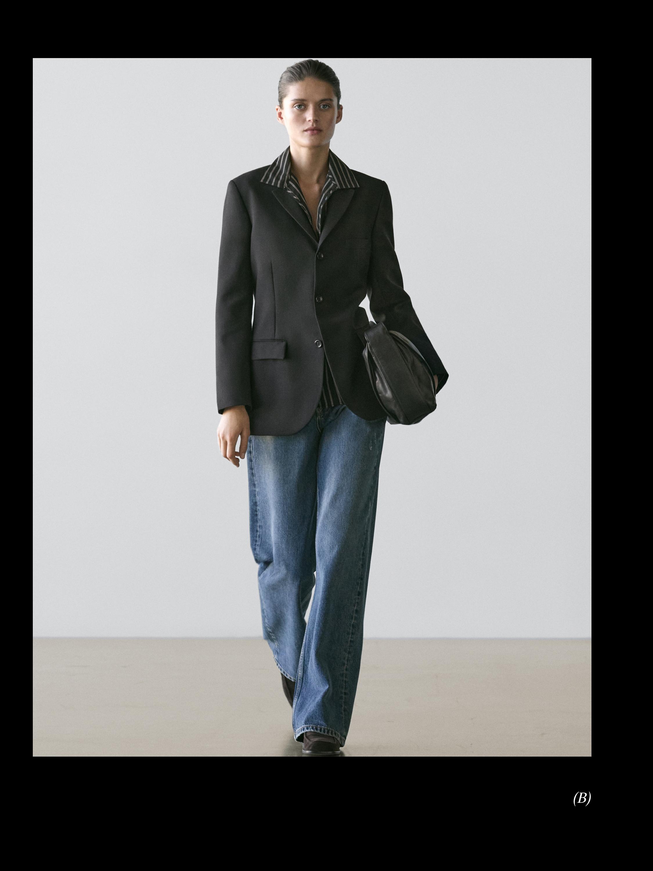 100% wool three-button blazer — BLACK