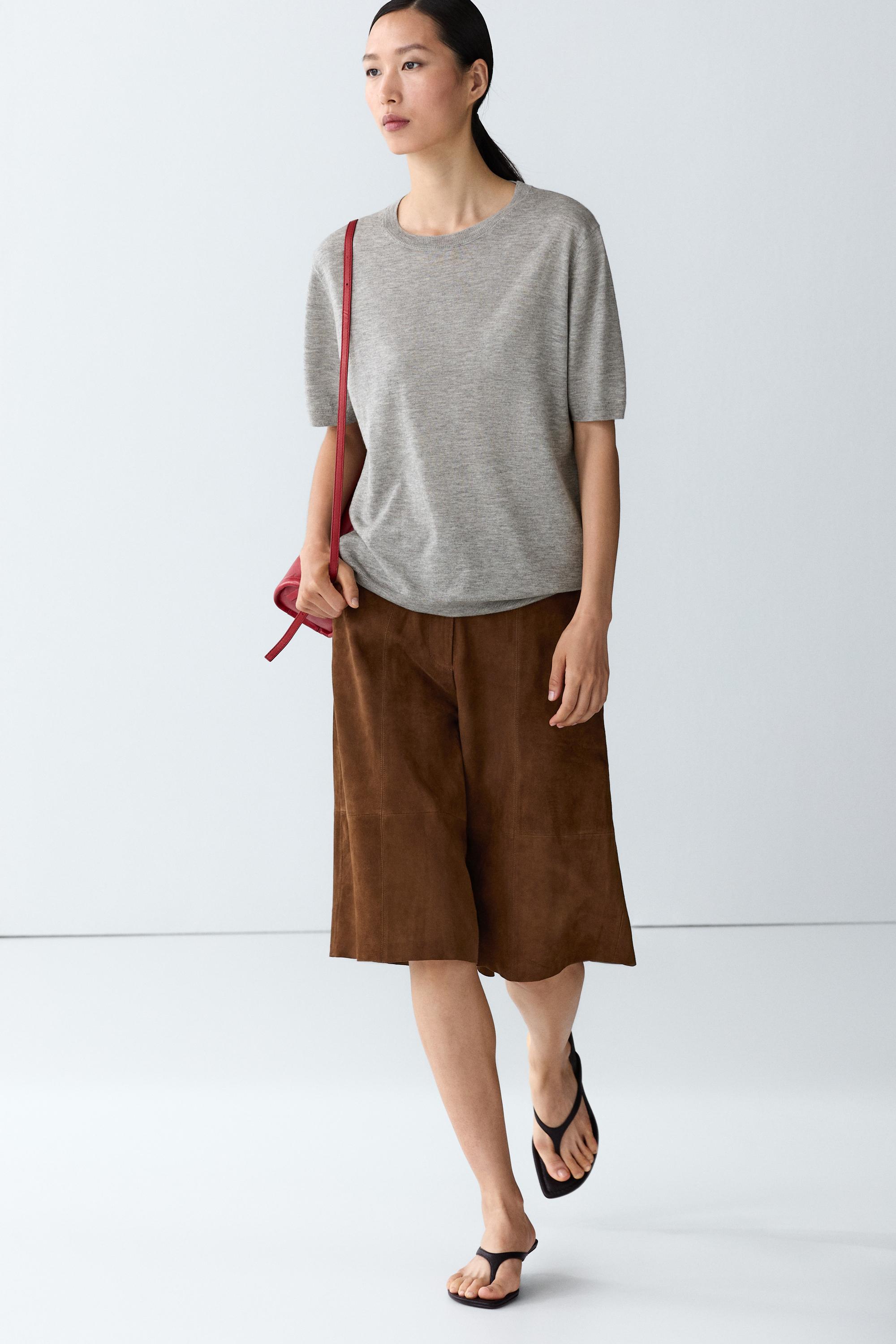 Short-sleeve fine-knit sweater — GREY MARL