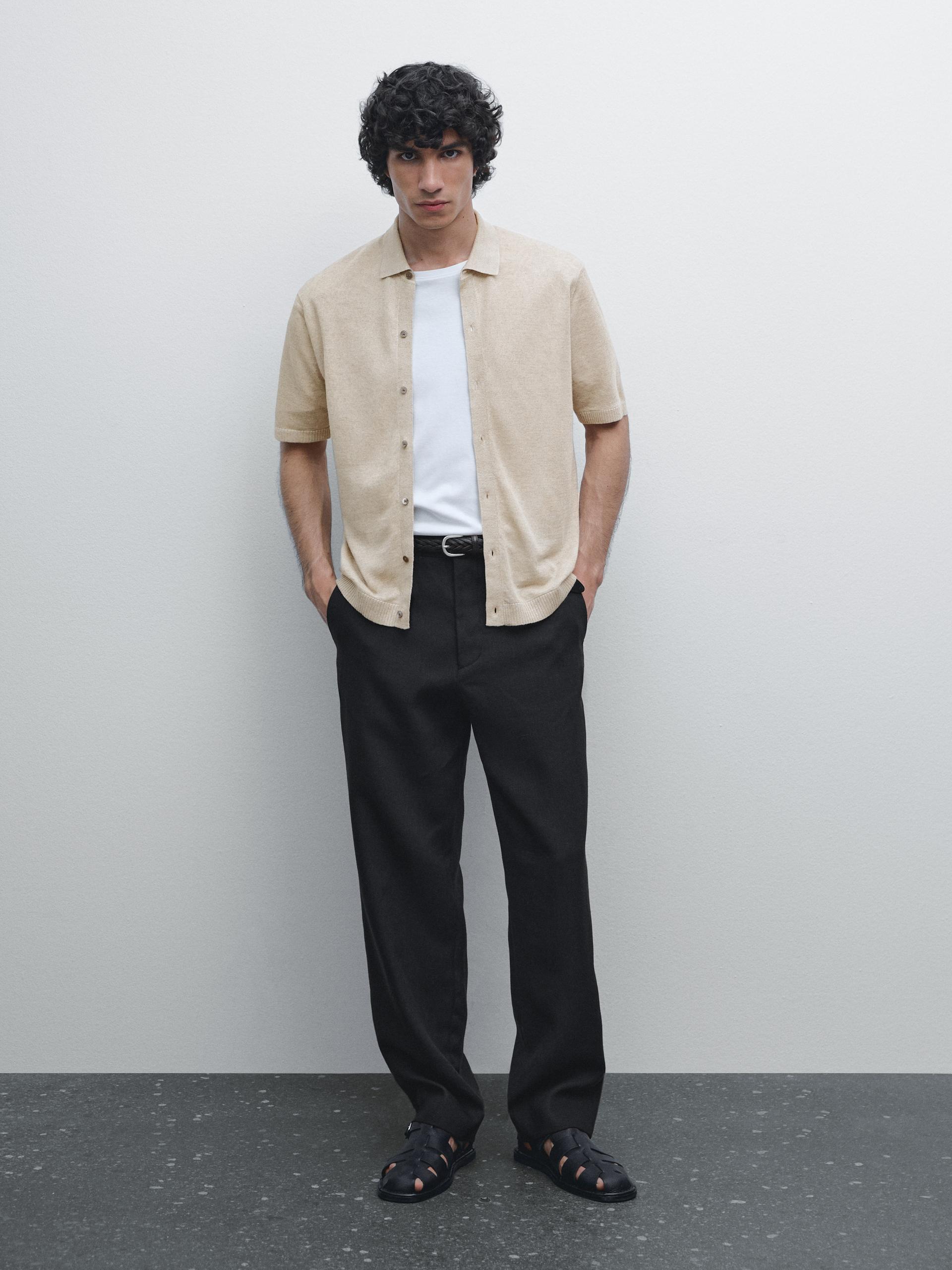 Cardigan En Maille 100 % Lin À Col Polo - Beige - L - Massimo Dutti - Homme