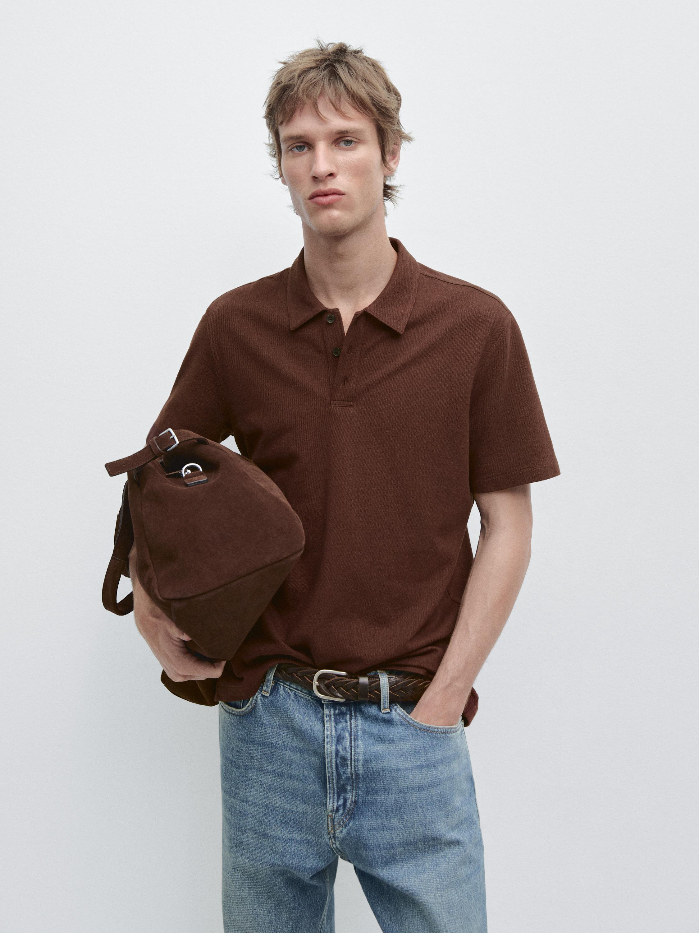 Micro-textured cotton blend polo shirt