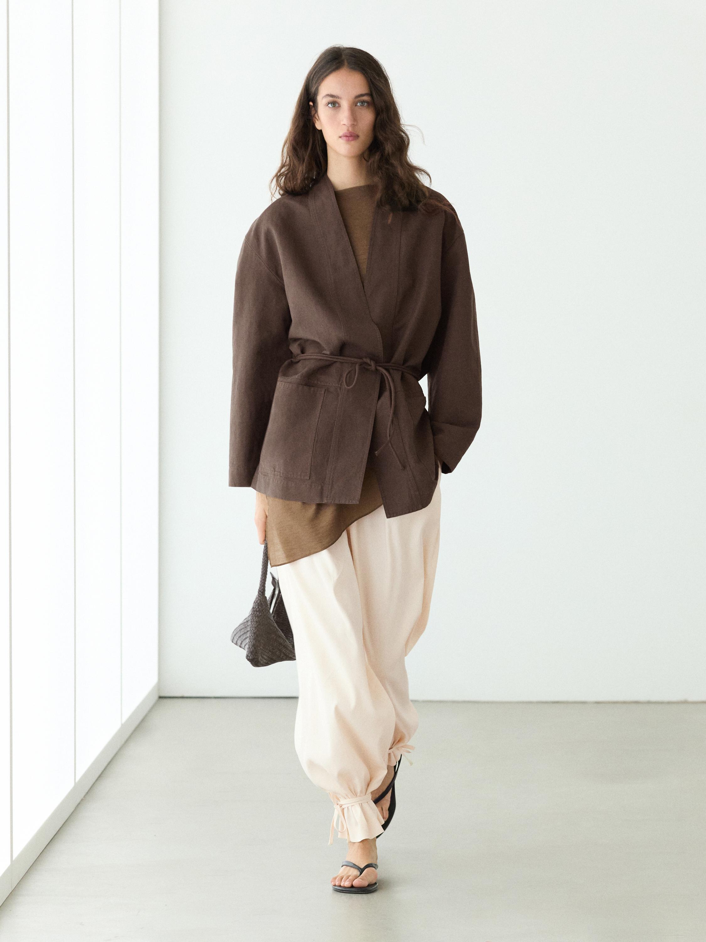 Linen blend kimono jacket with tie detail — Chocolate