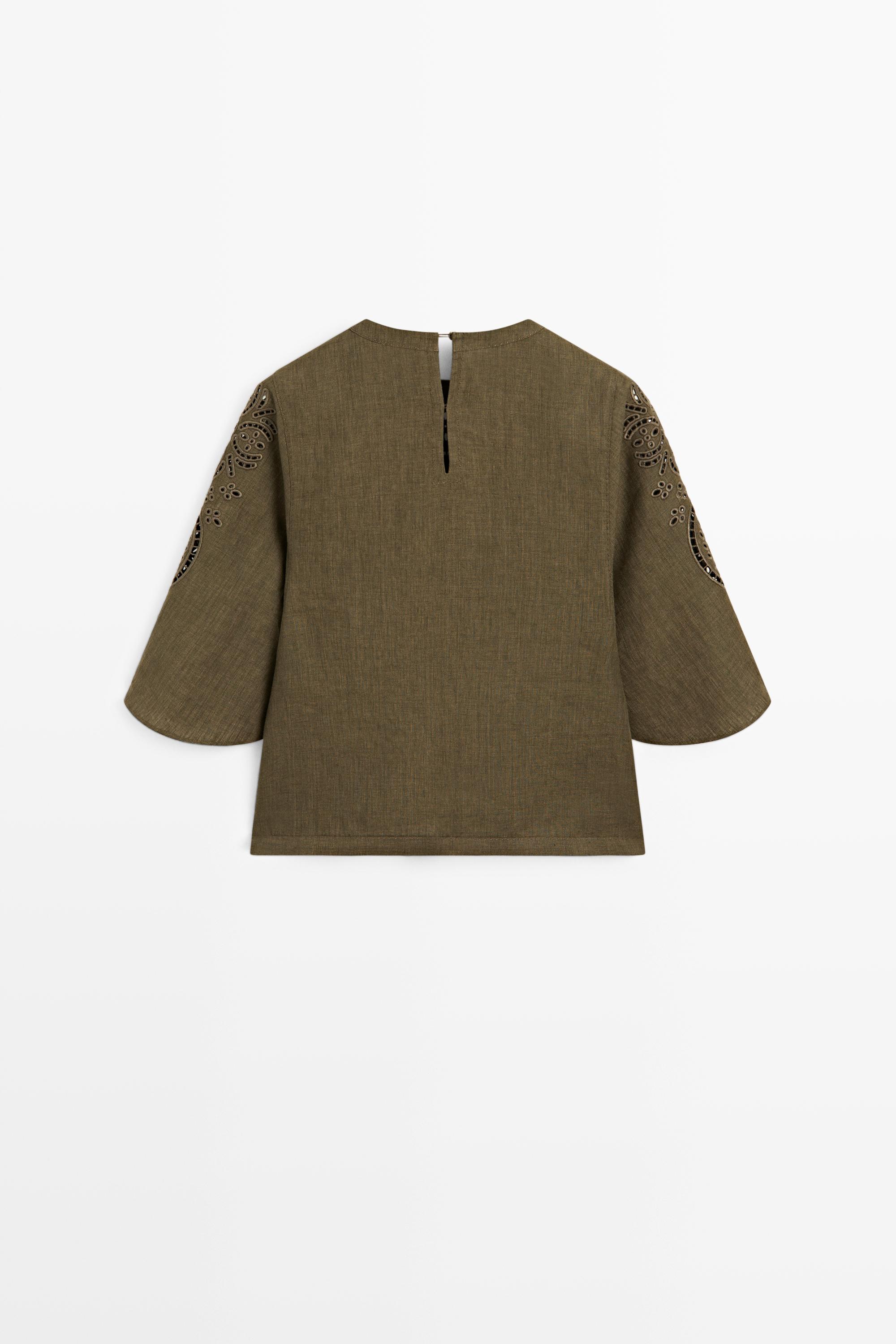 Linen blend blouse with embroidered details — GREEN