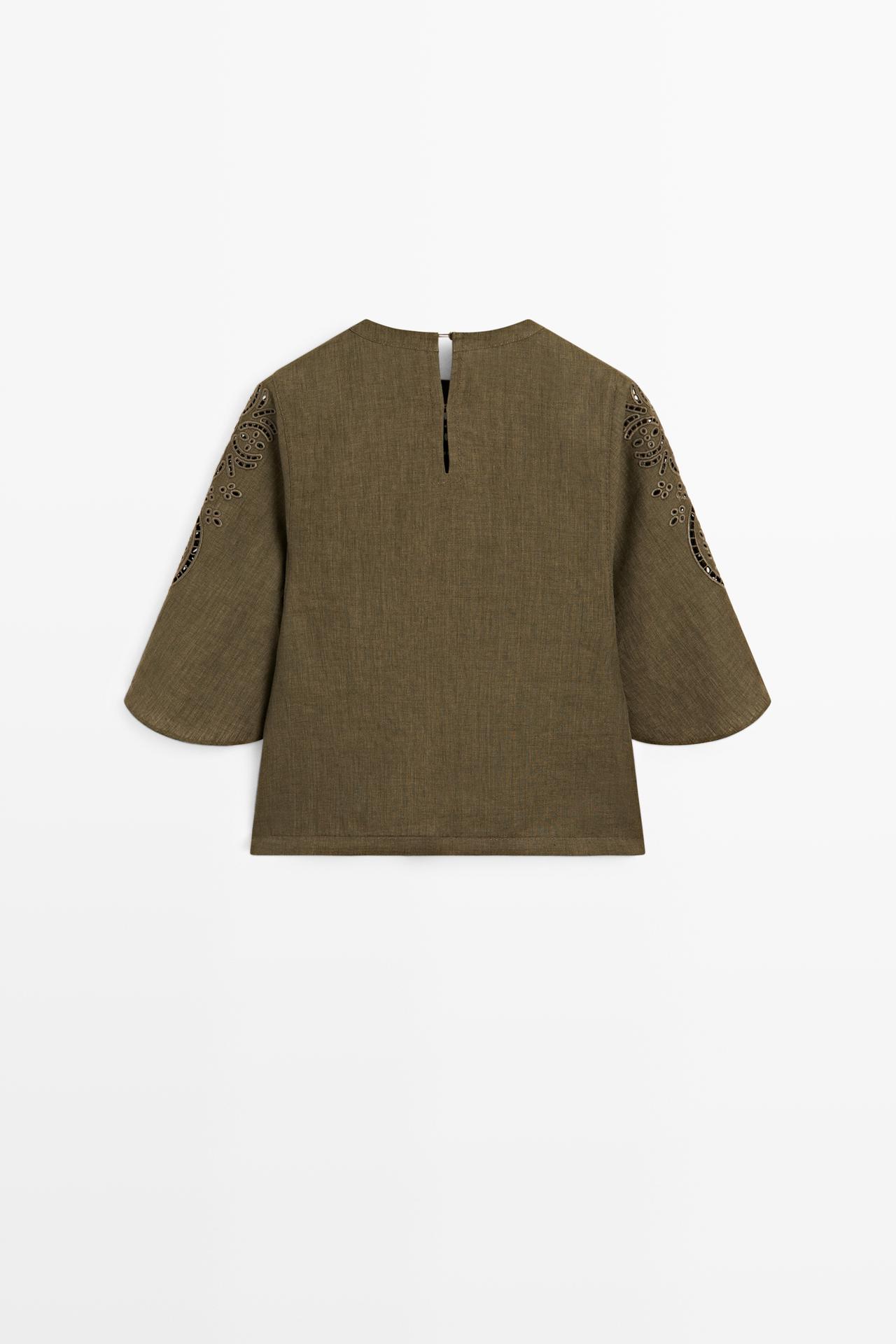 Linen blend blouse with embroidered details — GREEN