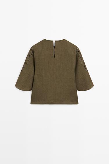 Linen blend blouse with embroidered details — GREEN 6
