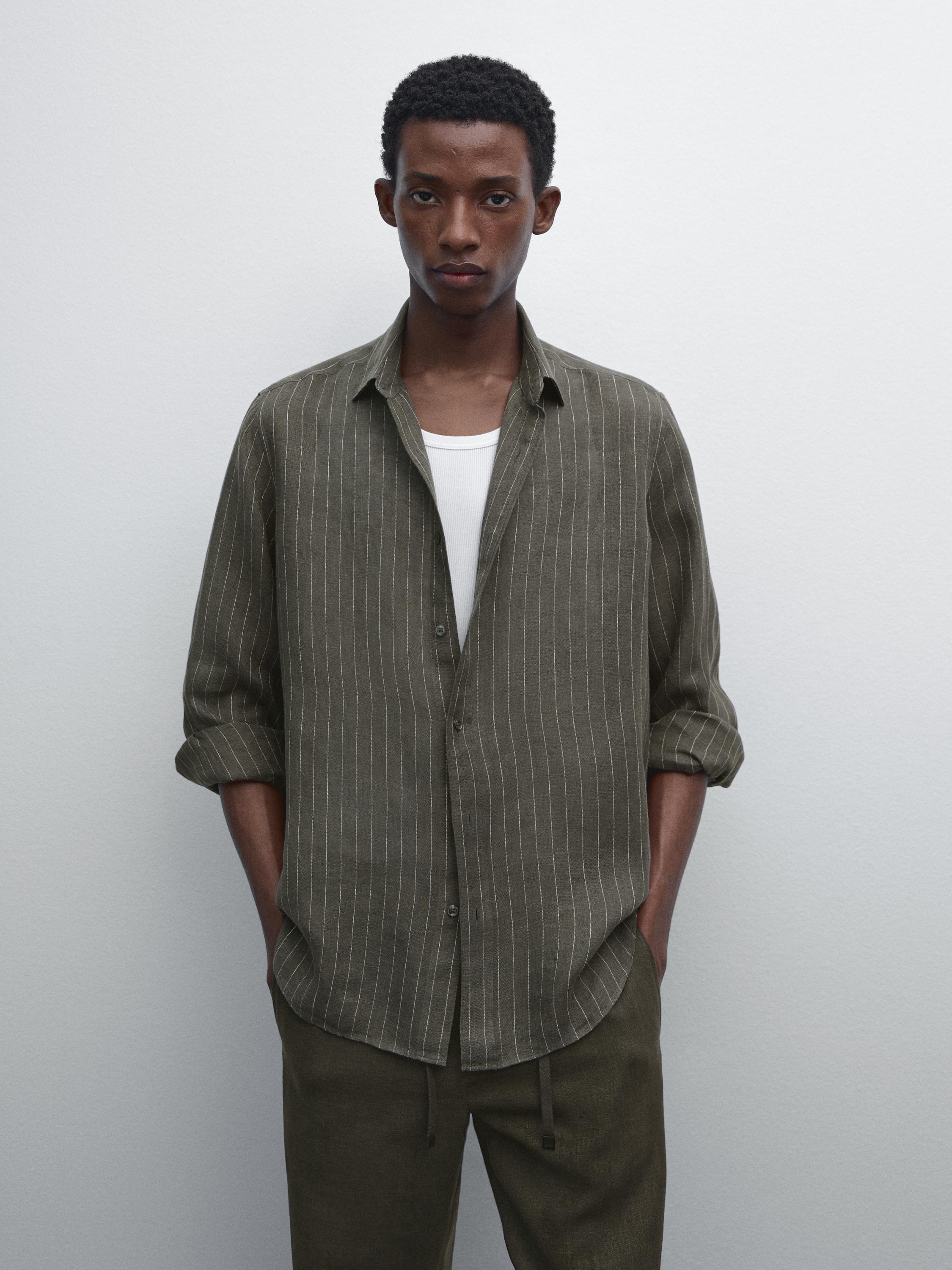 Regular fit striped 100% linen shirt