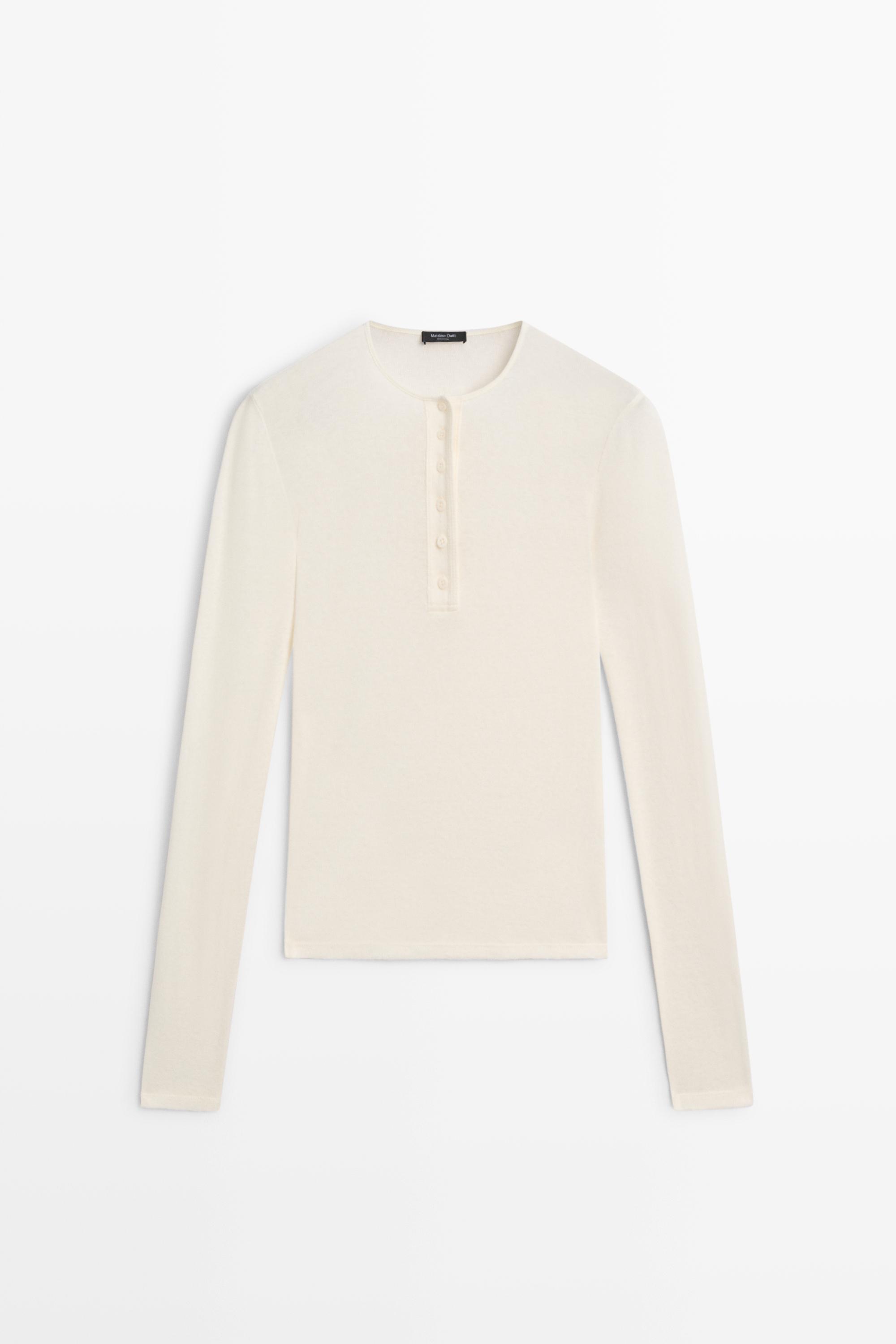 Cotton cashmere long sleeve henley T-shirt