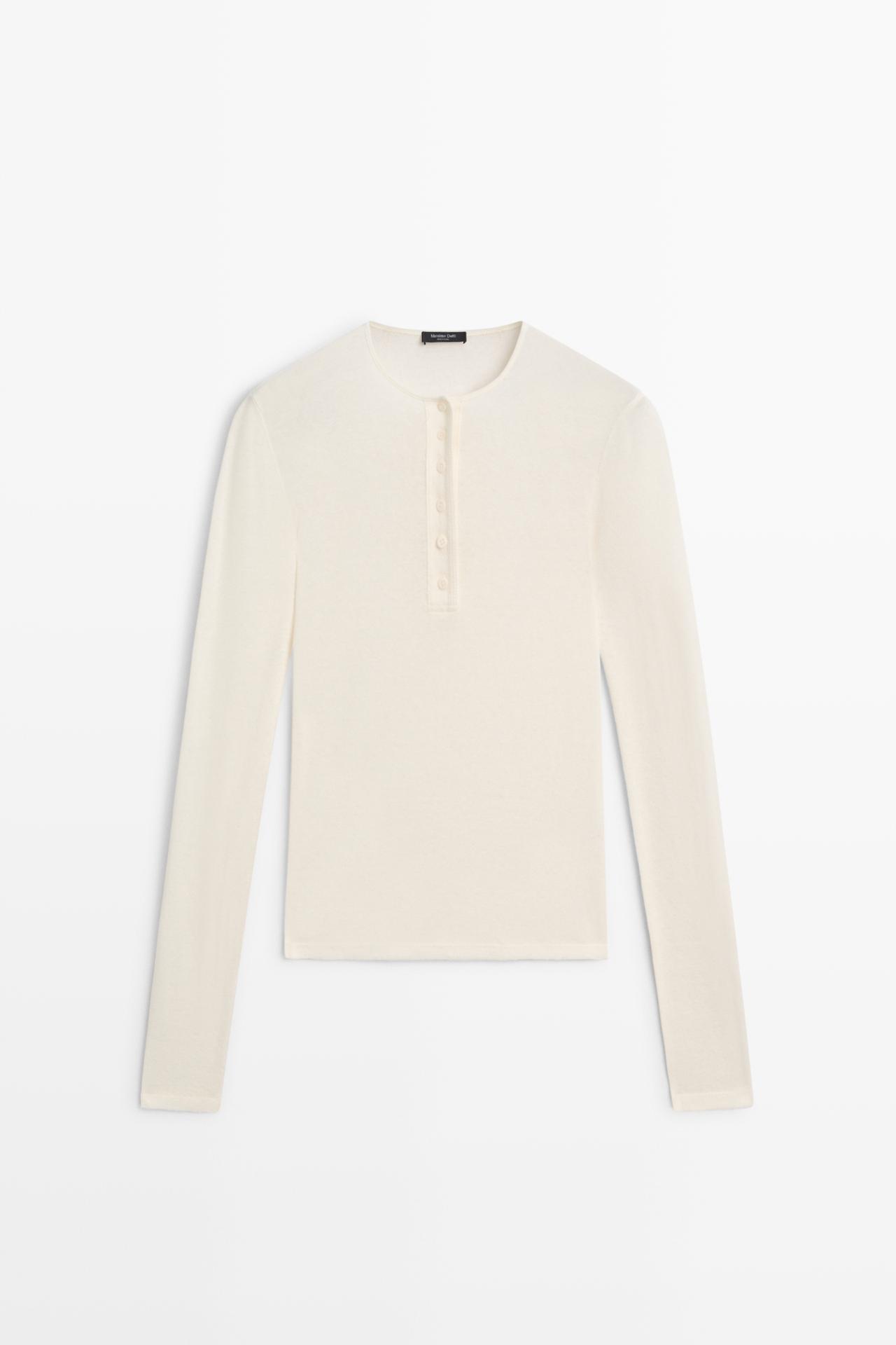 Long sleeve cotton blend henley — CREAM