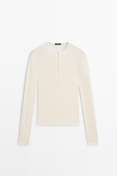 Long sleeve cotton blend henley — CREAM 2