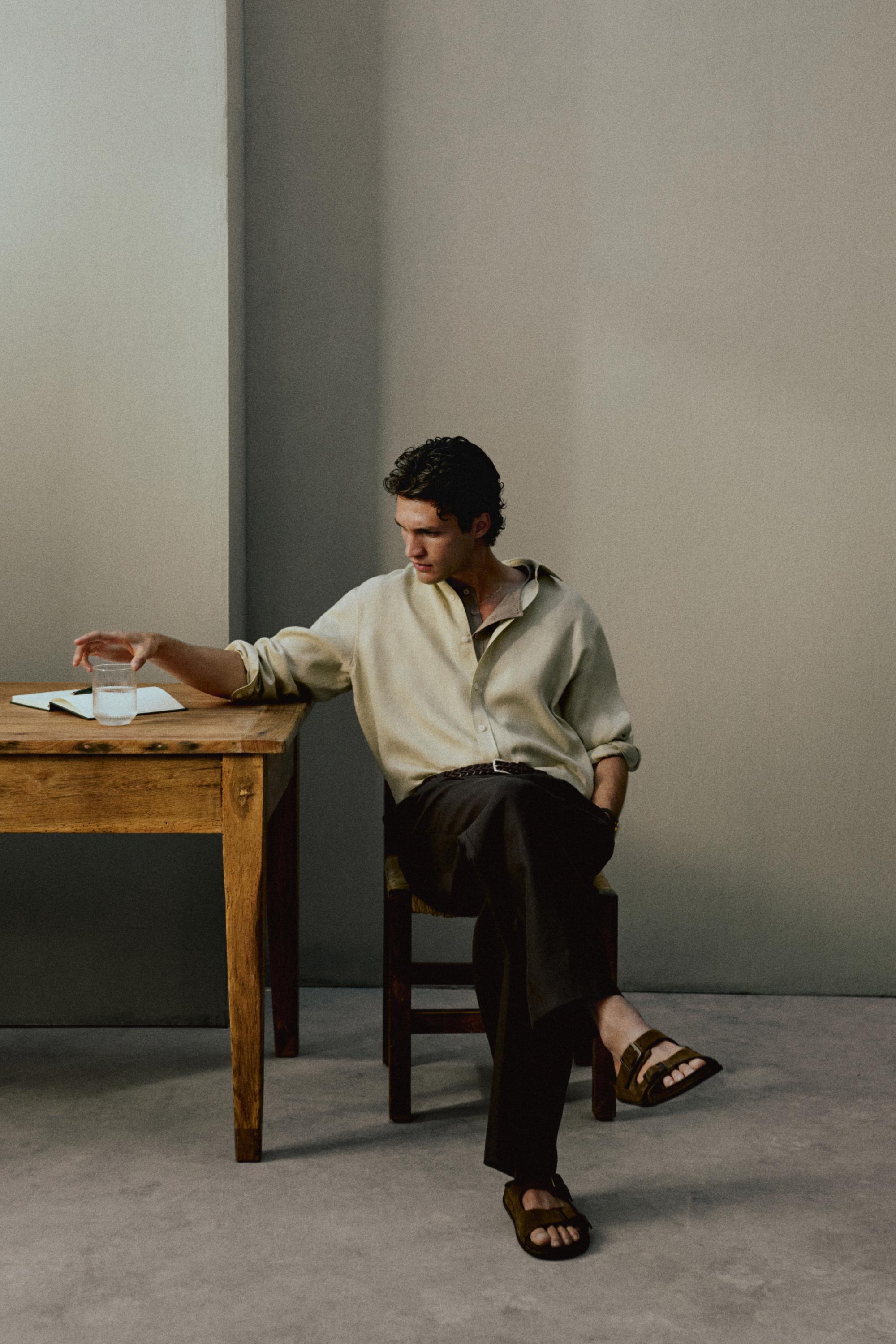 Slim fit 100% linen shirt — PALE GREEN