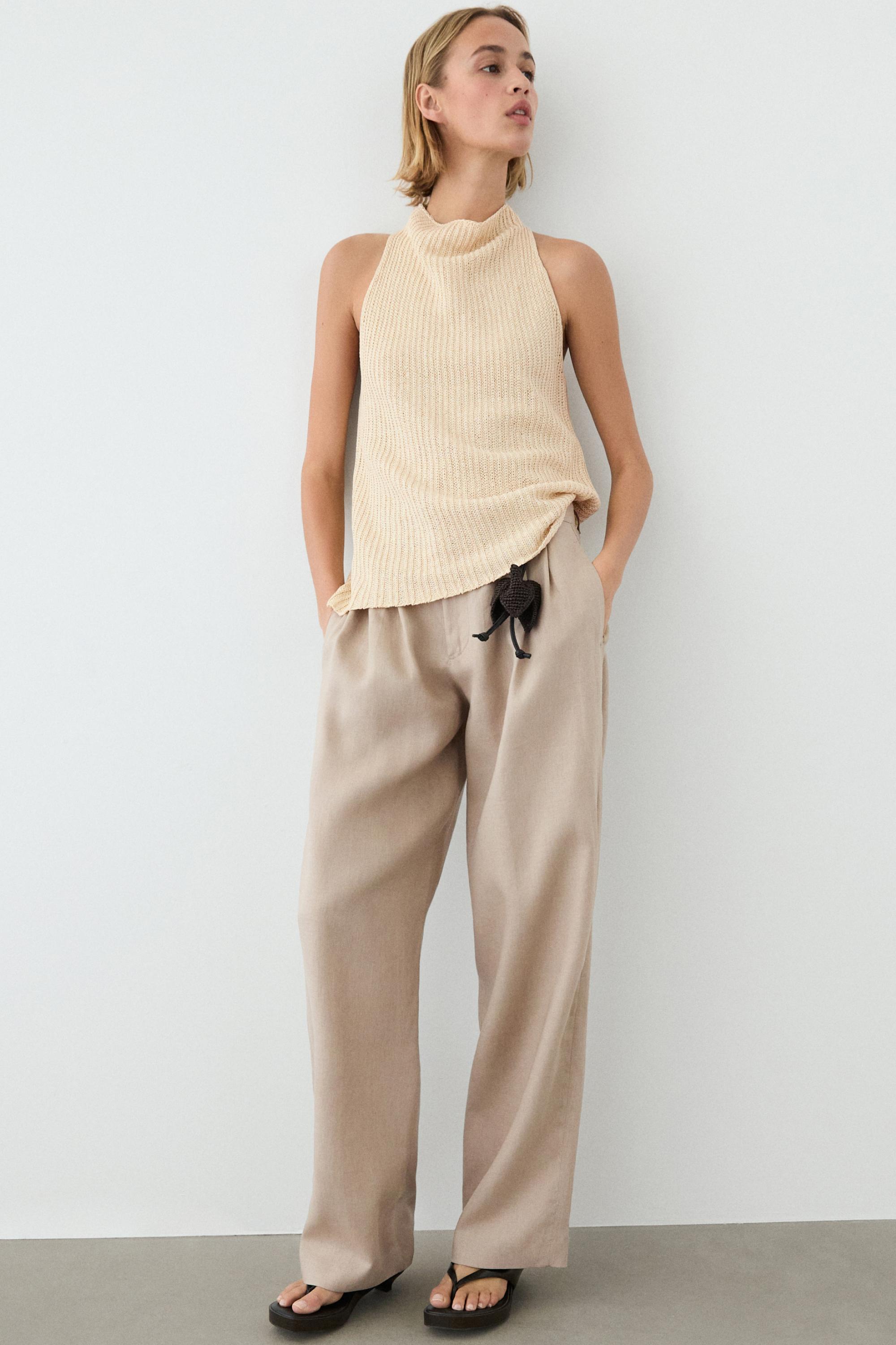 Wide-leg pleated linen trousers — STONE