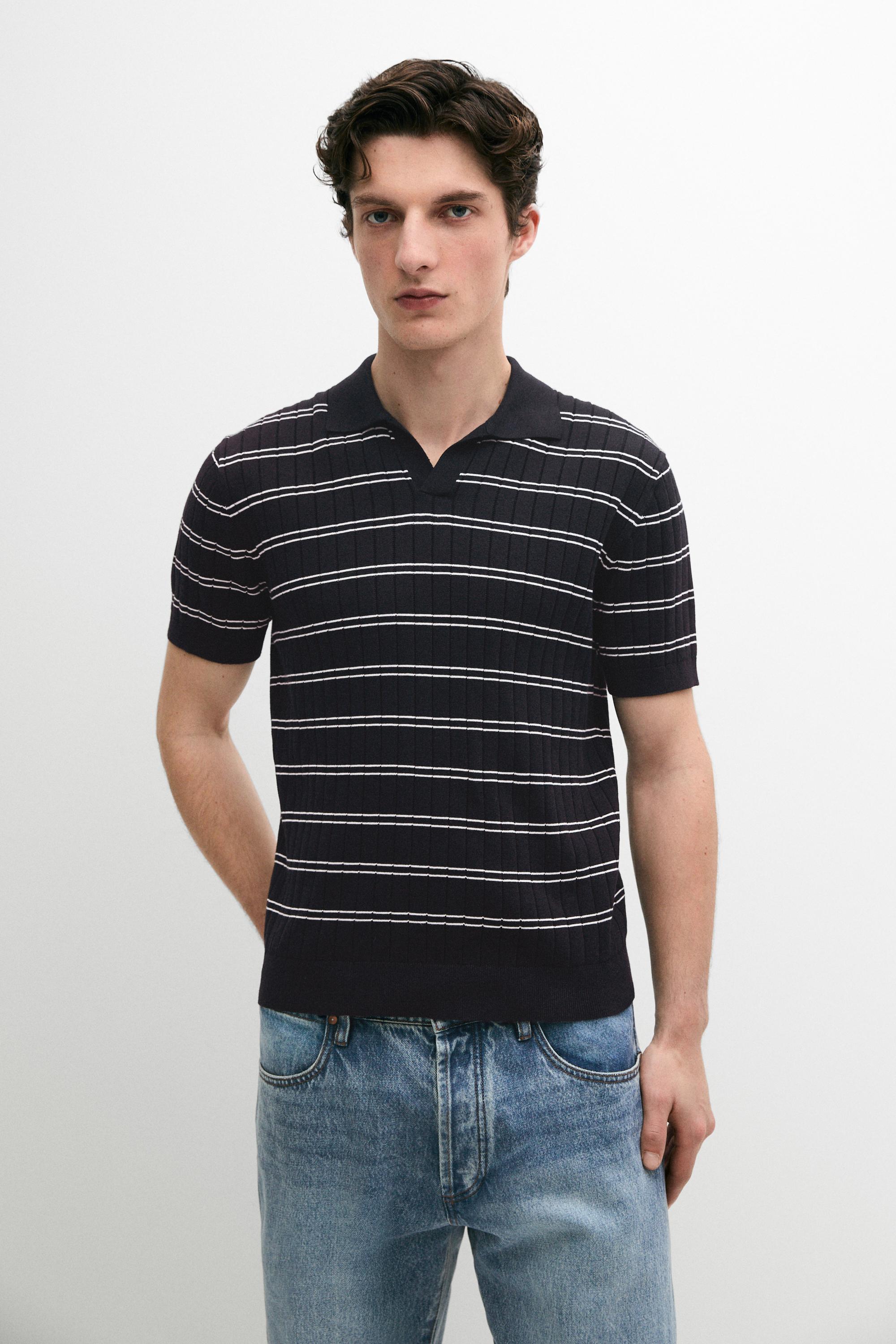 Striped cotton knit polo shirt — NAVY BLUE