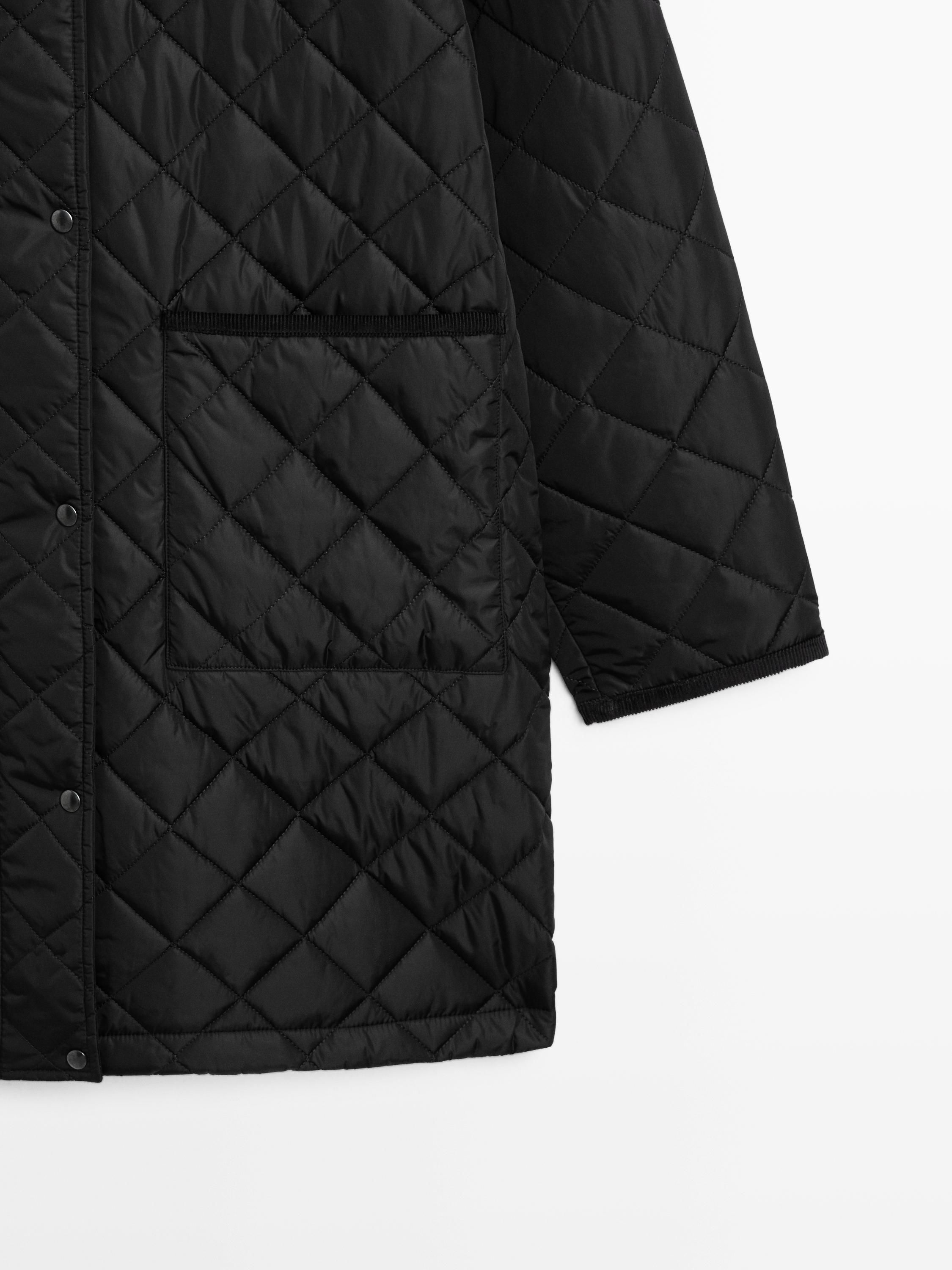 Long lightweight puffer jacket with corduroy detail