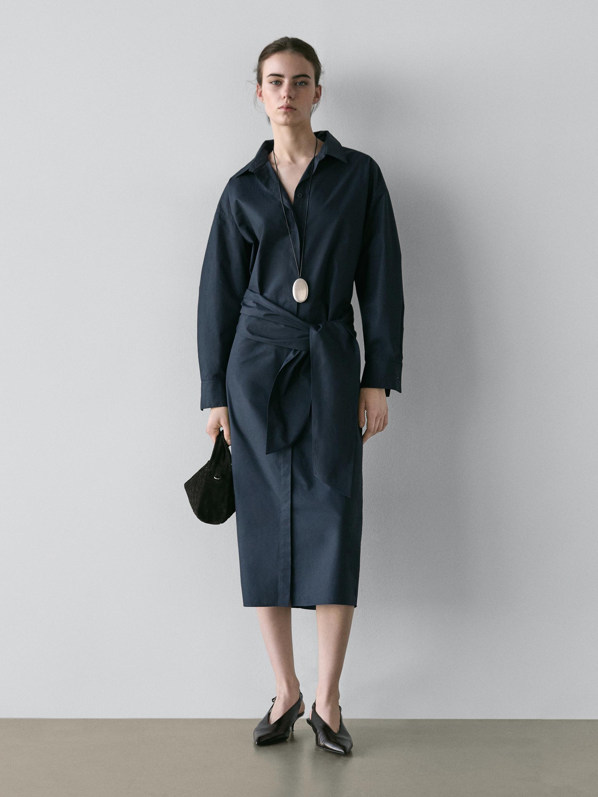 Vestito Lungo Chemisier Con Dettaglio Di Foulard - Azzurro - Xs - Massimo Dutti - Femminile