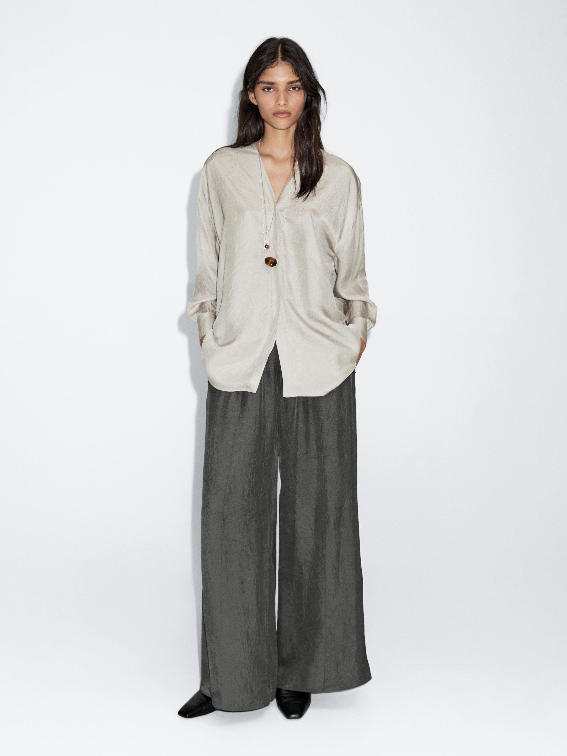 Flowing satin V-neck shirt