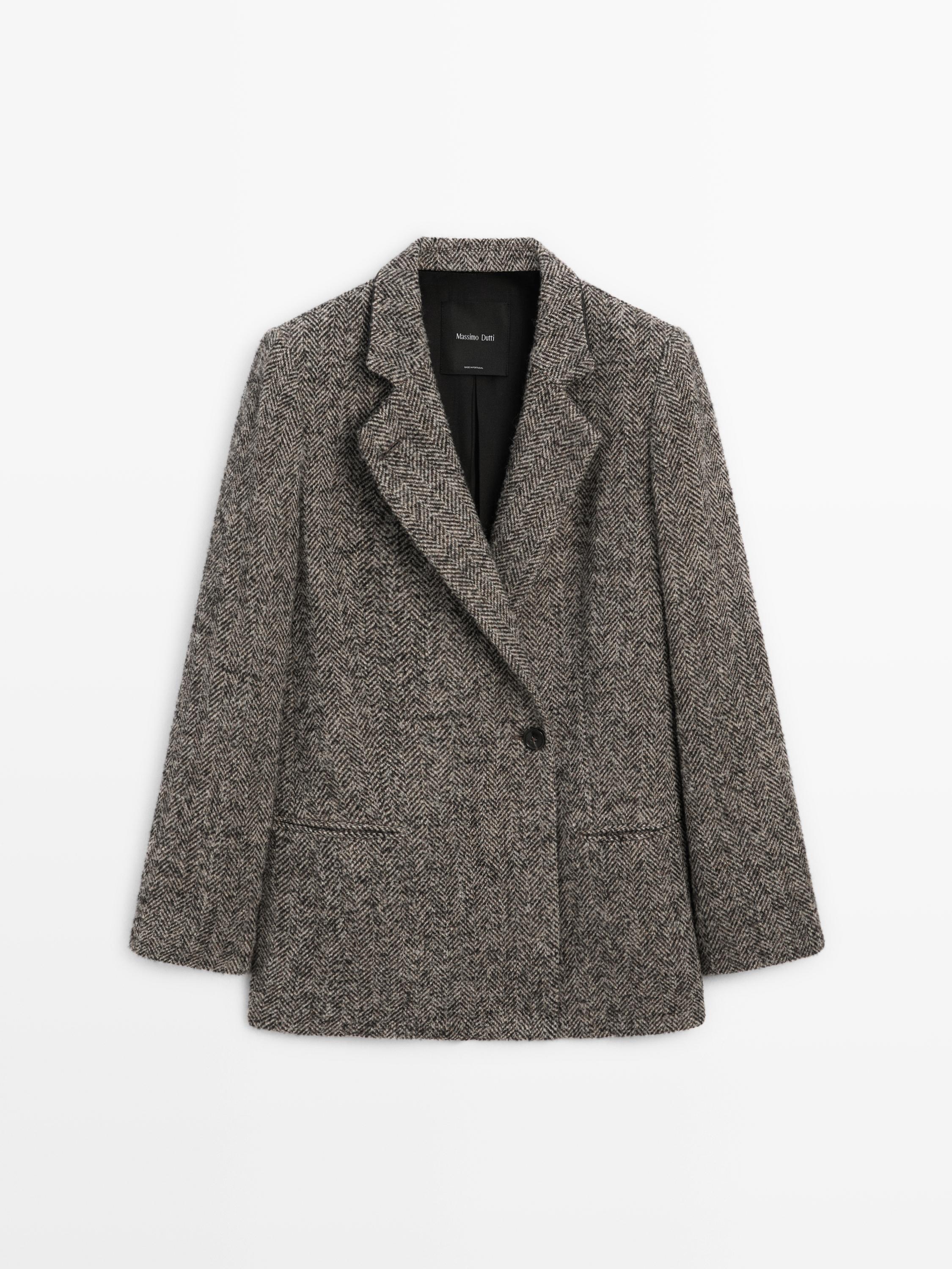 Herringbone wool blend blazer with high collar