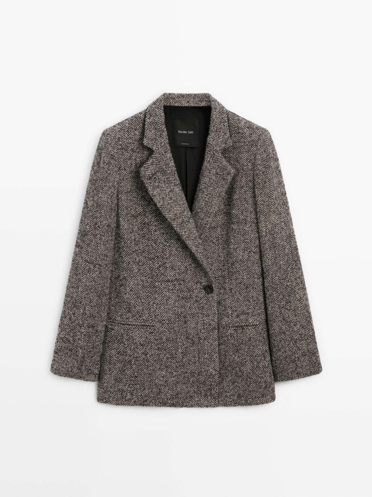 Massimo Dutti - Dame - Blazer I Sildebensmønstret Uldblanding Med Høj Krave - Grå - 38