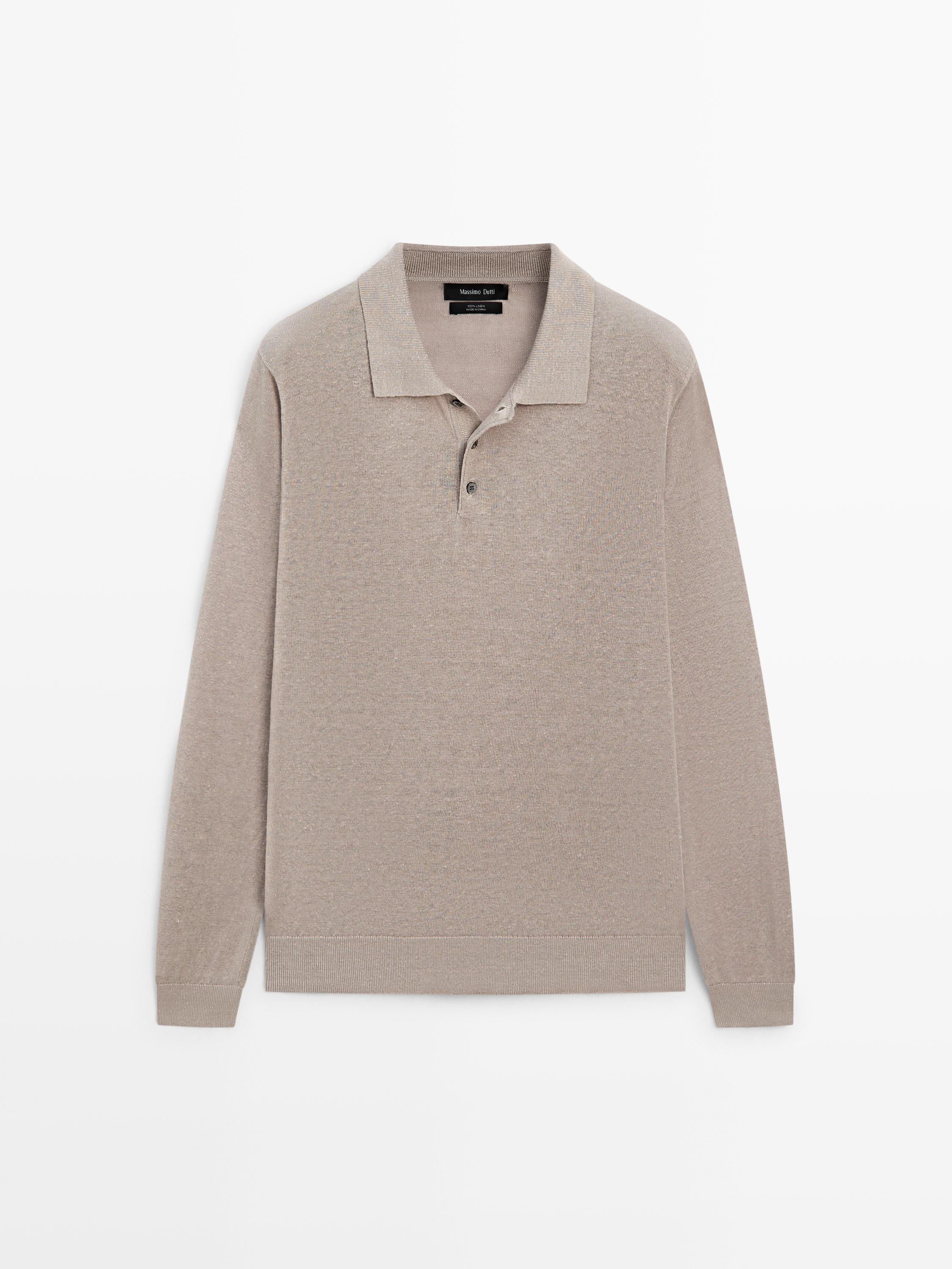 100% linen knit polo collar sweater — STONE