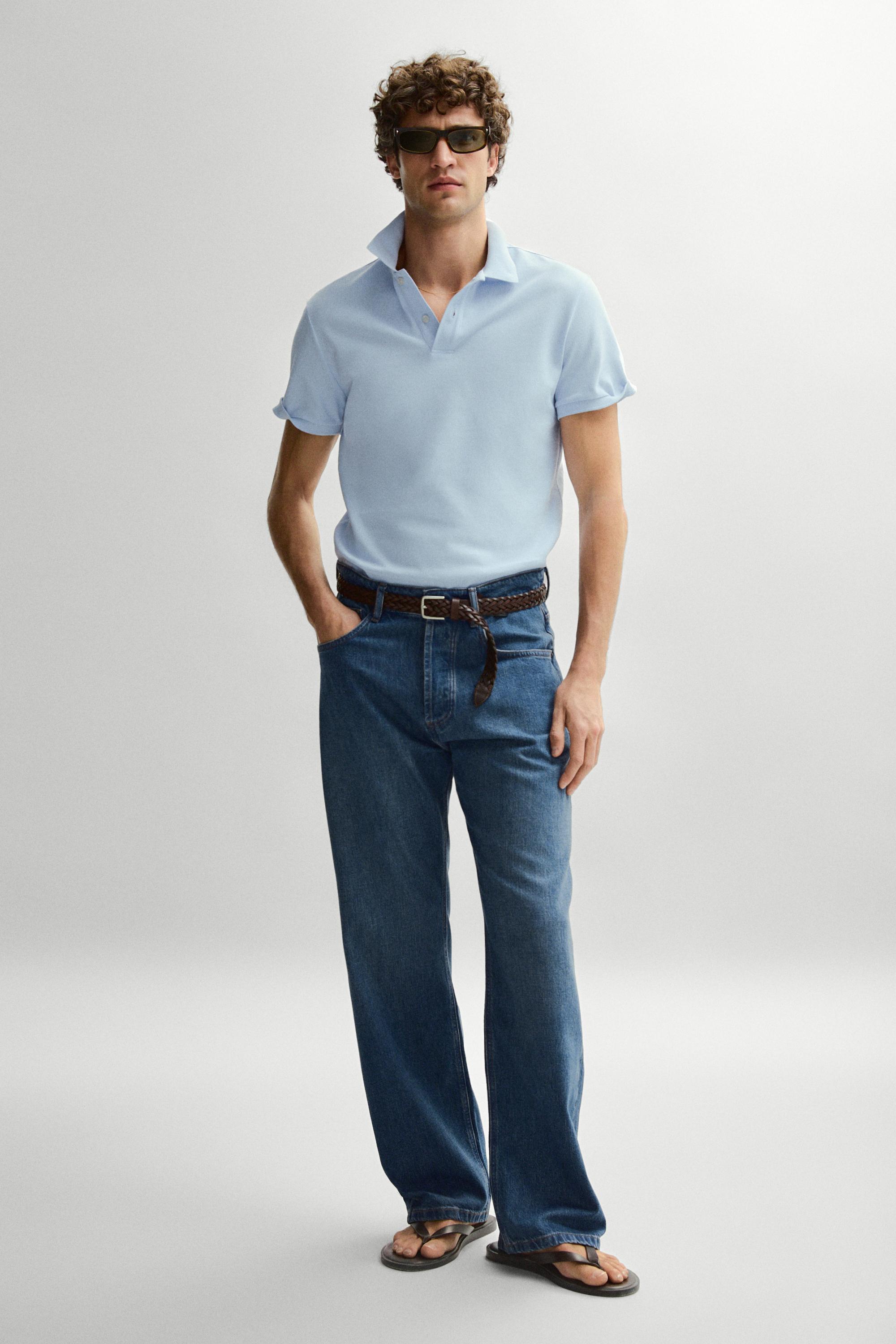 Micro-textured cotton piqué polo shirt — Light Blue