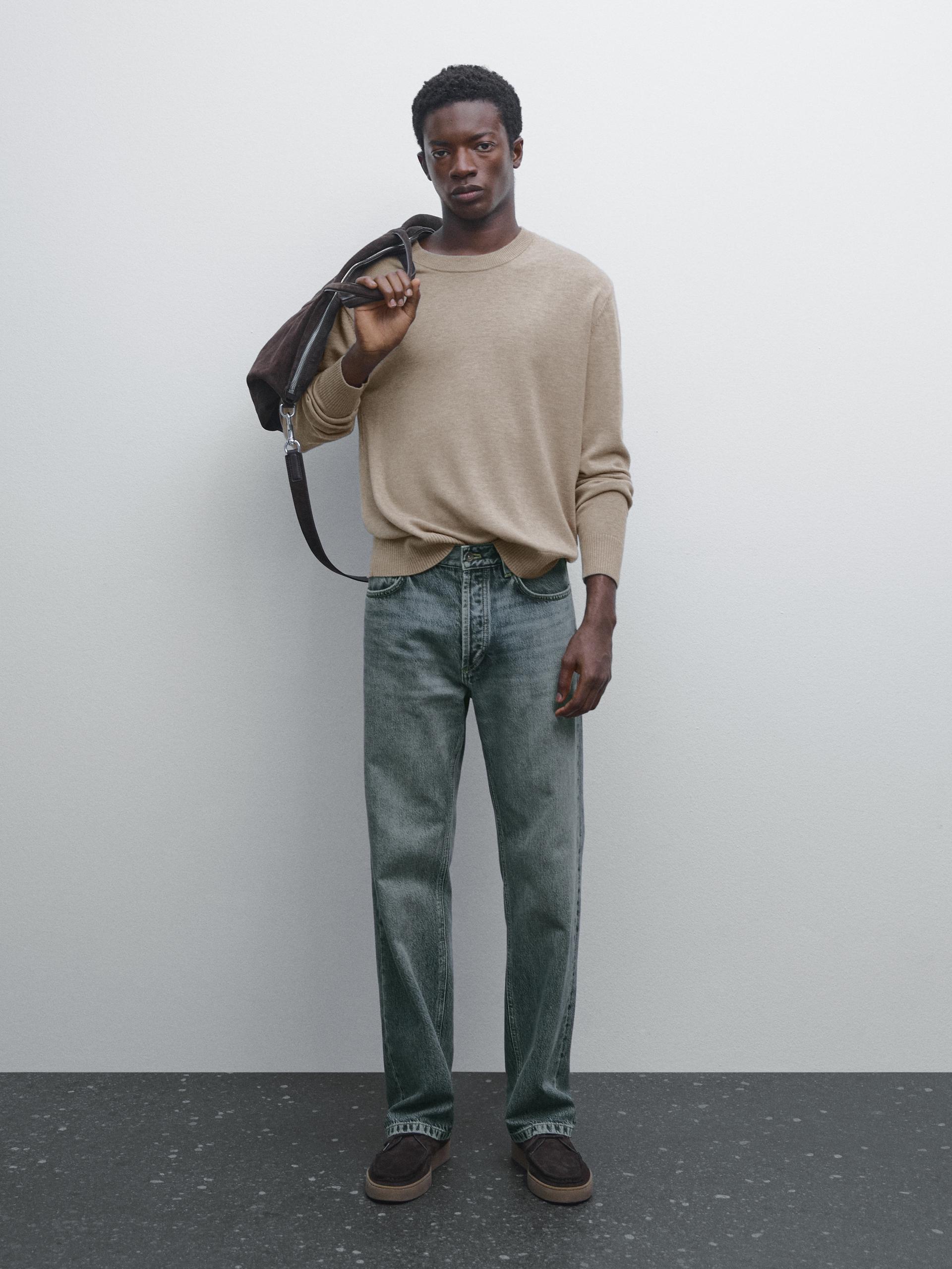 Sweter Z Dzianiny Z Okrągłym Dekoltem - Piaskowy - S - Massimo Dutti - Mężczyzna