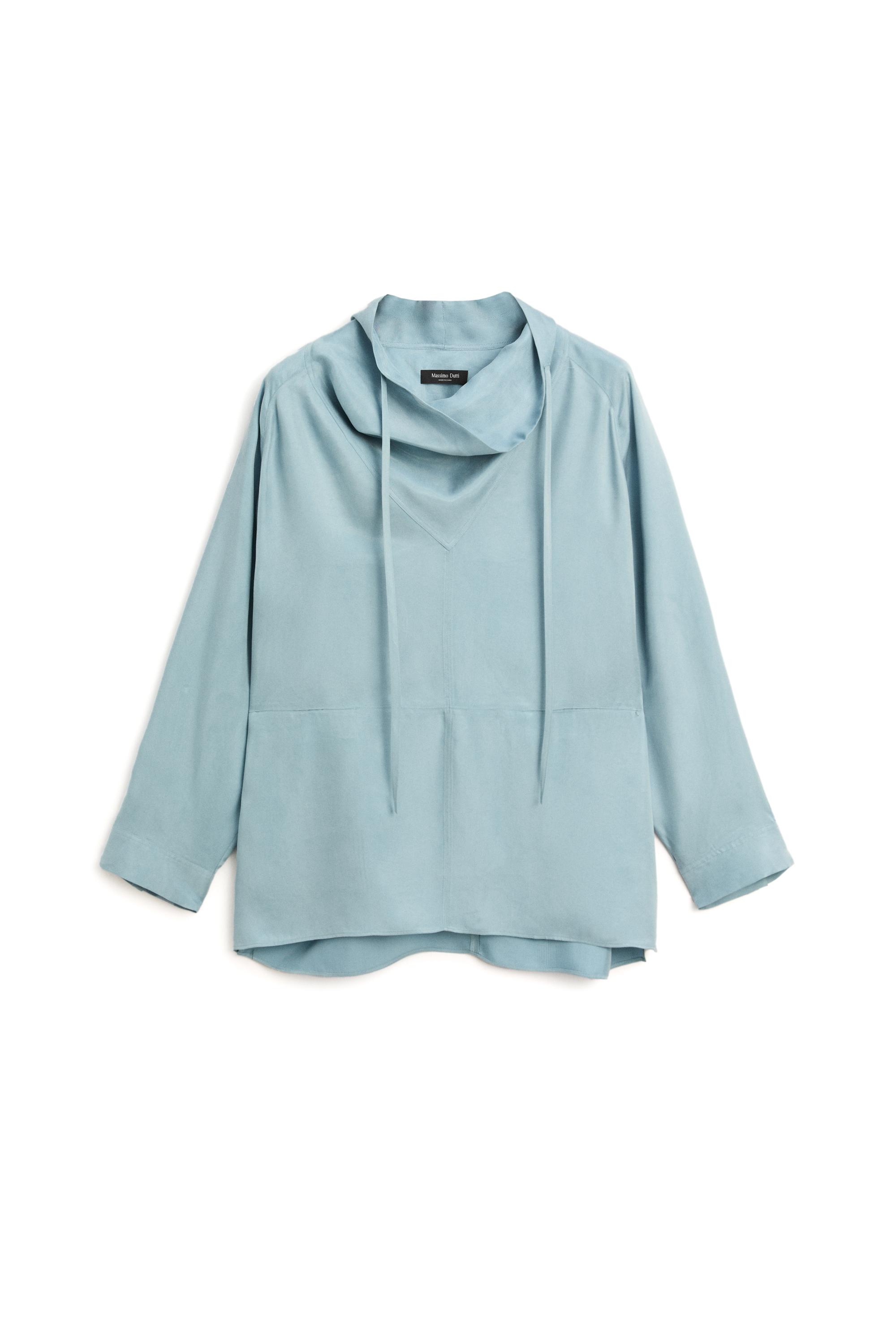 Flowing shirt with high collar and drawstring detail — GREY BLUE