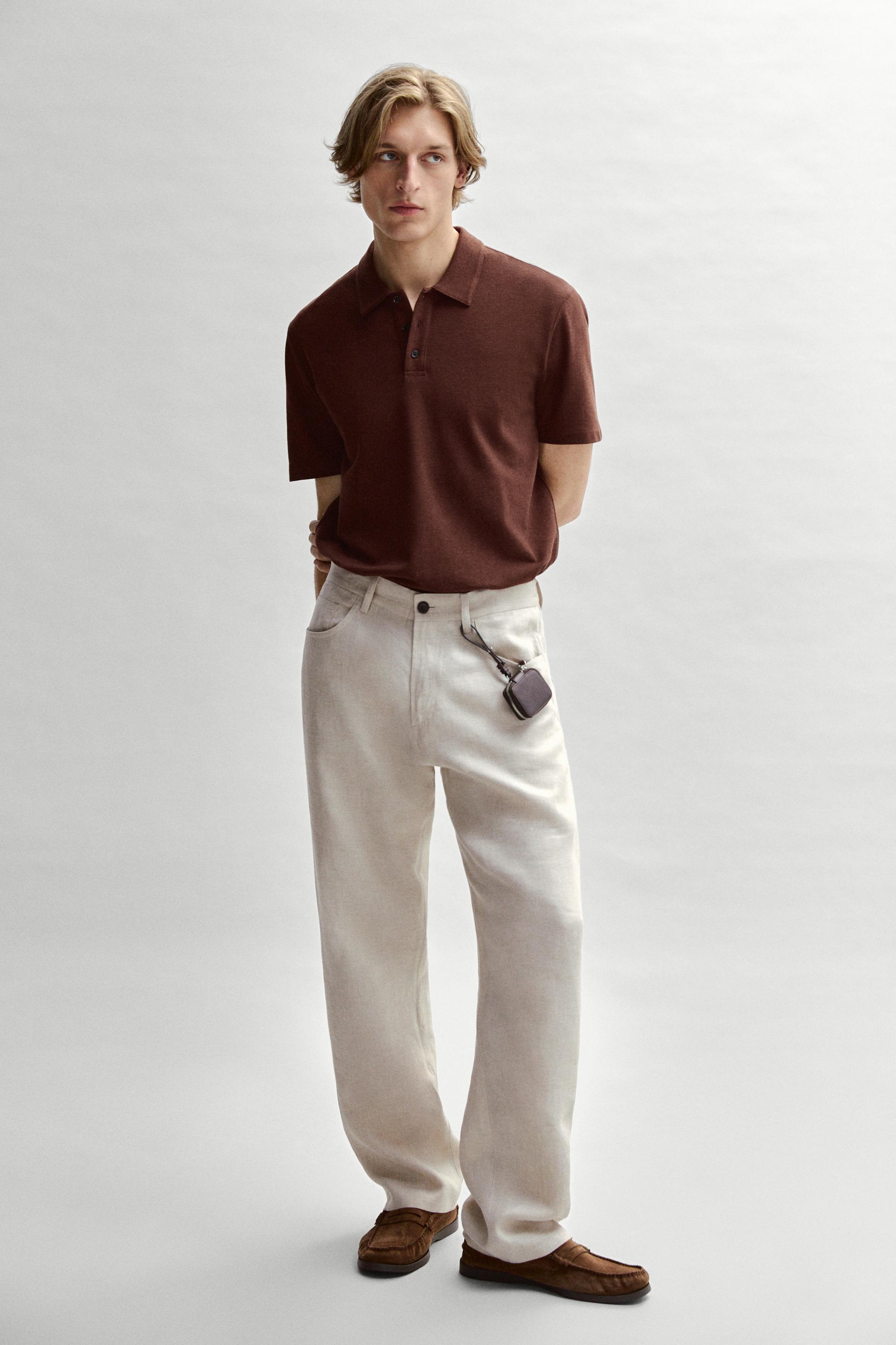 Micro-textured cotton blend polo shirt — Russet Brown