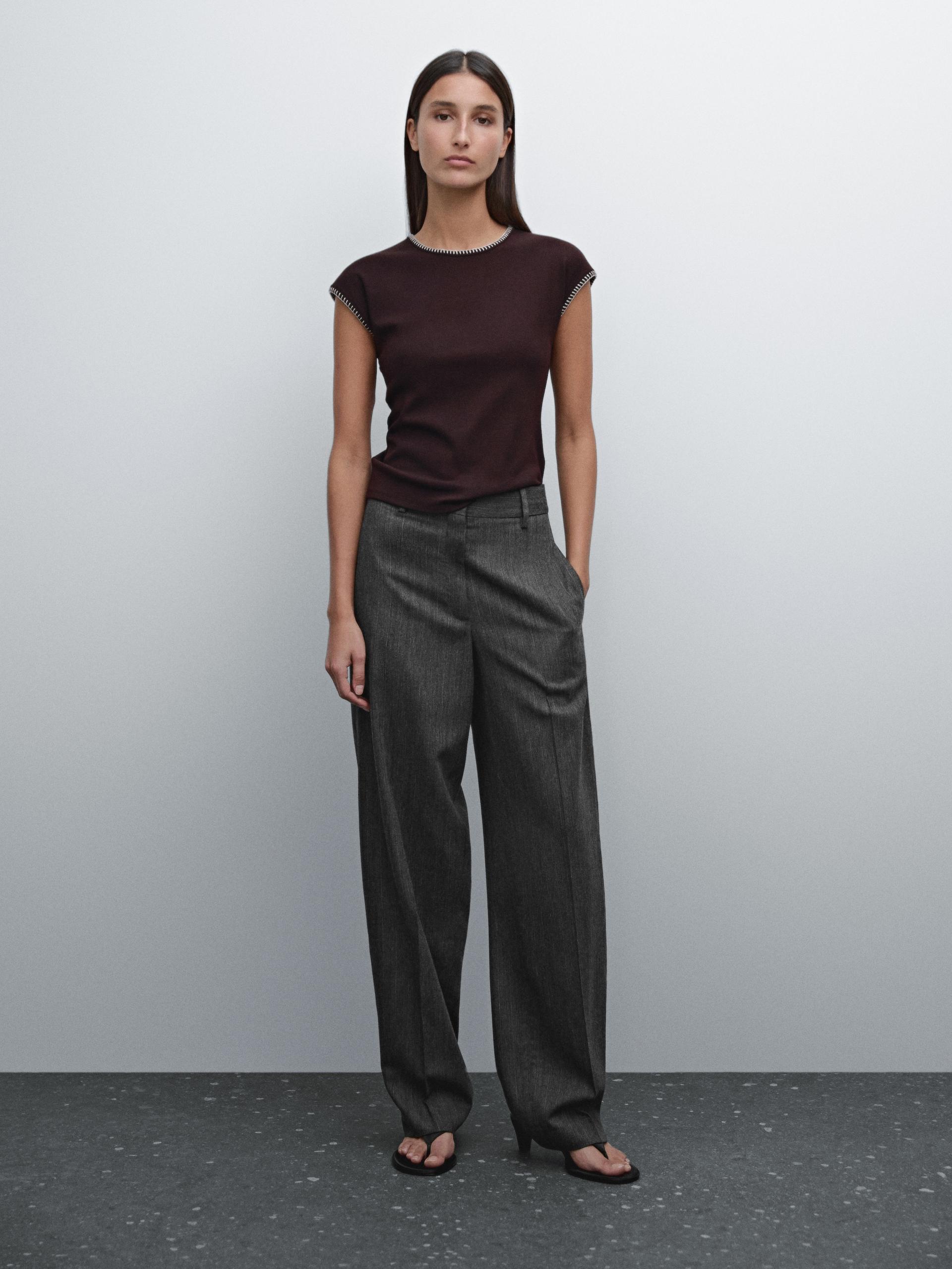 T-Shirt Détail Contrastant - Marron - Xl - Massimo Dutti - Femme