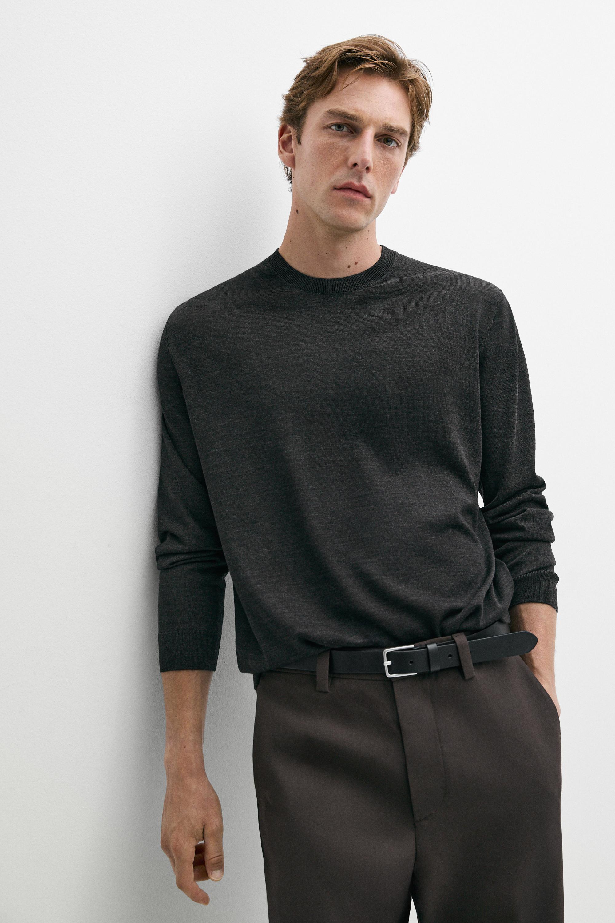 100% merino wool knit round neck sweater — CHARCOAL