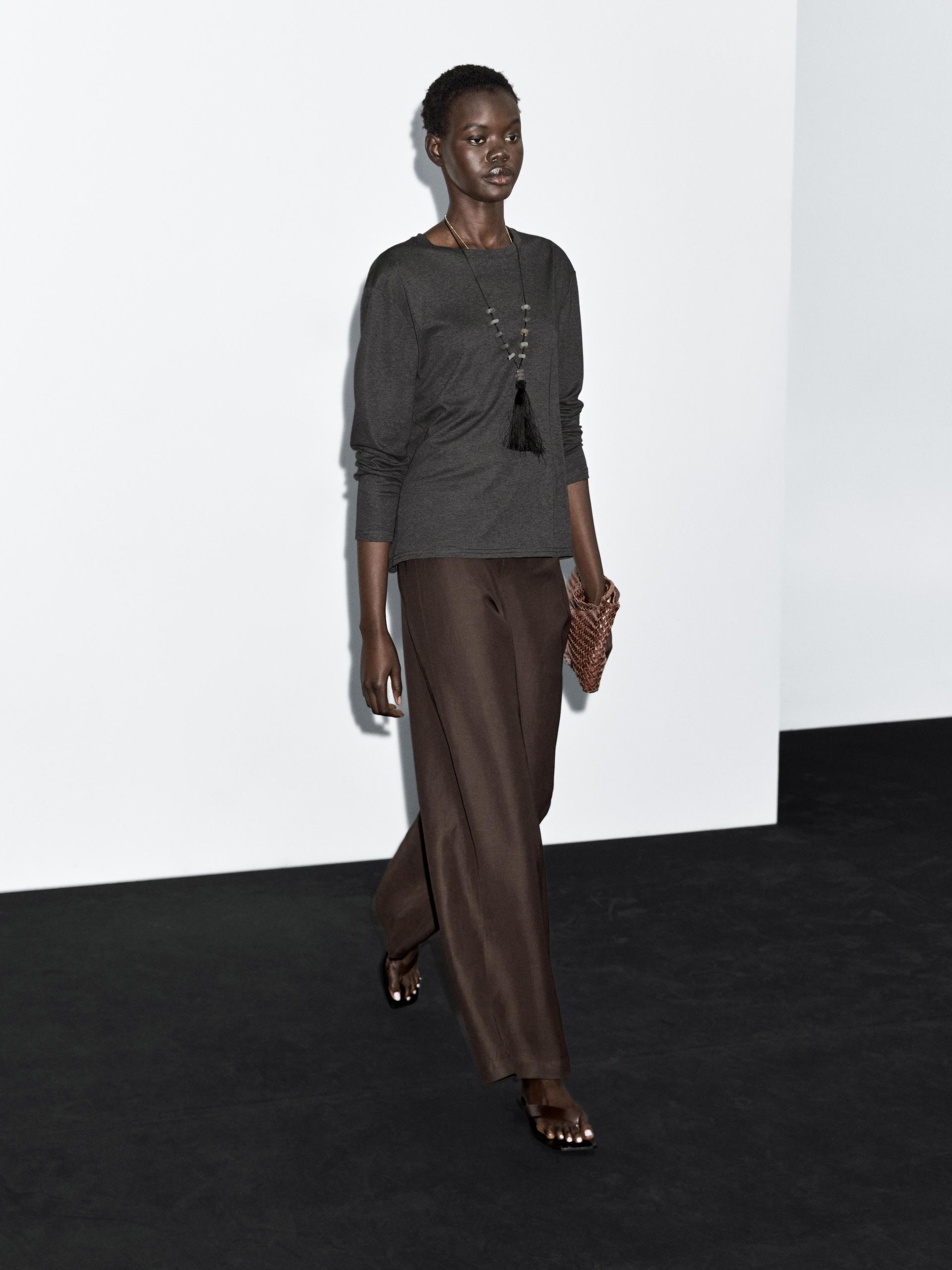 Maglietta A Maniche Lunghe Con Cuciture - Grigio Antracite - L - Massimo Dutti - Femminile
