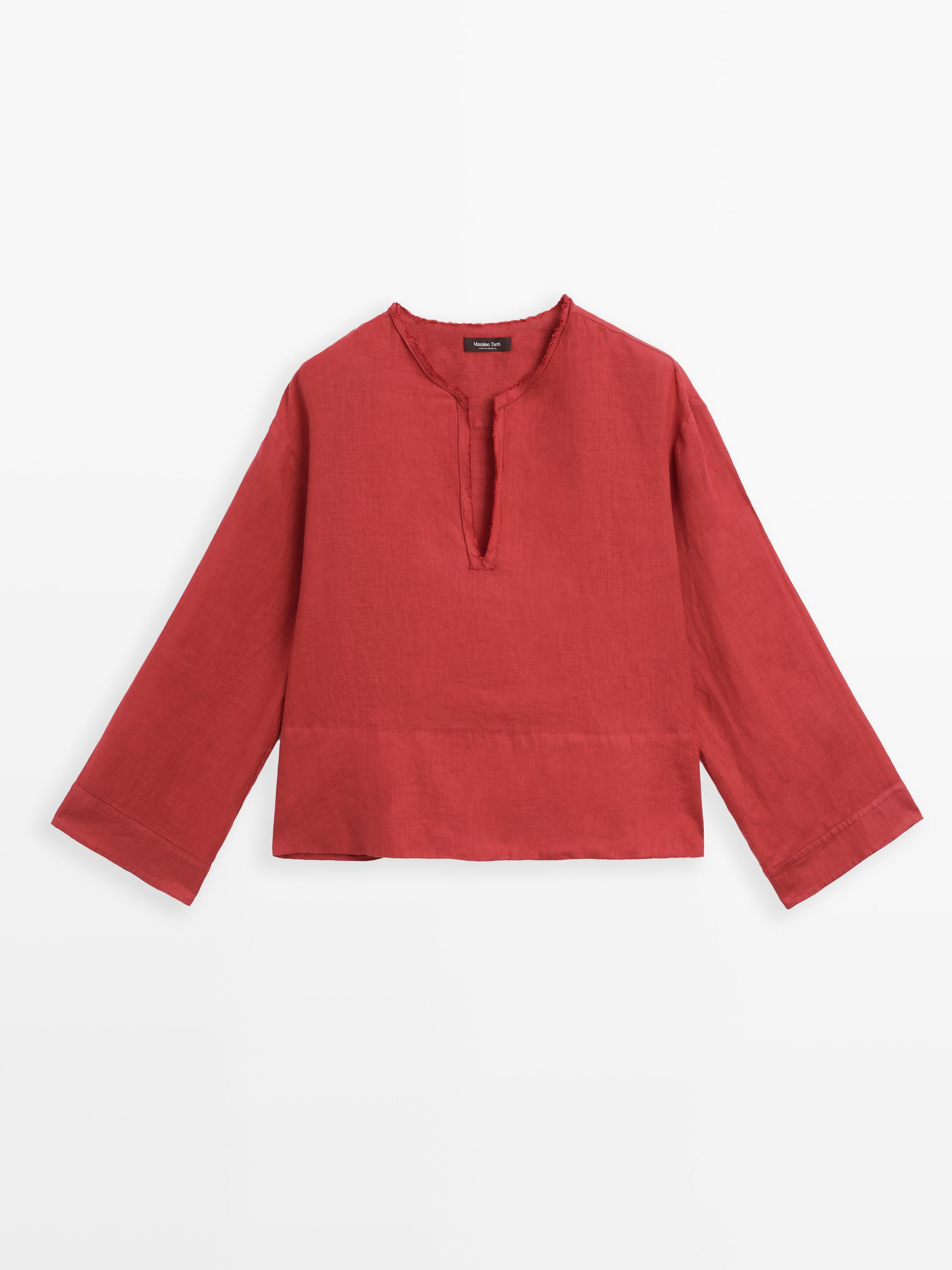 100% linen open stand collar shirt