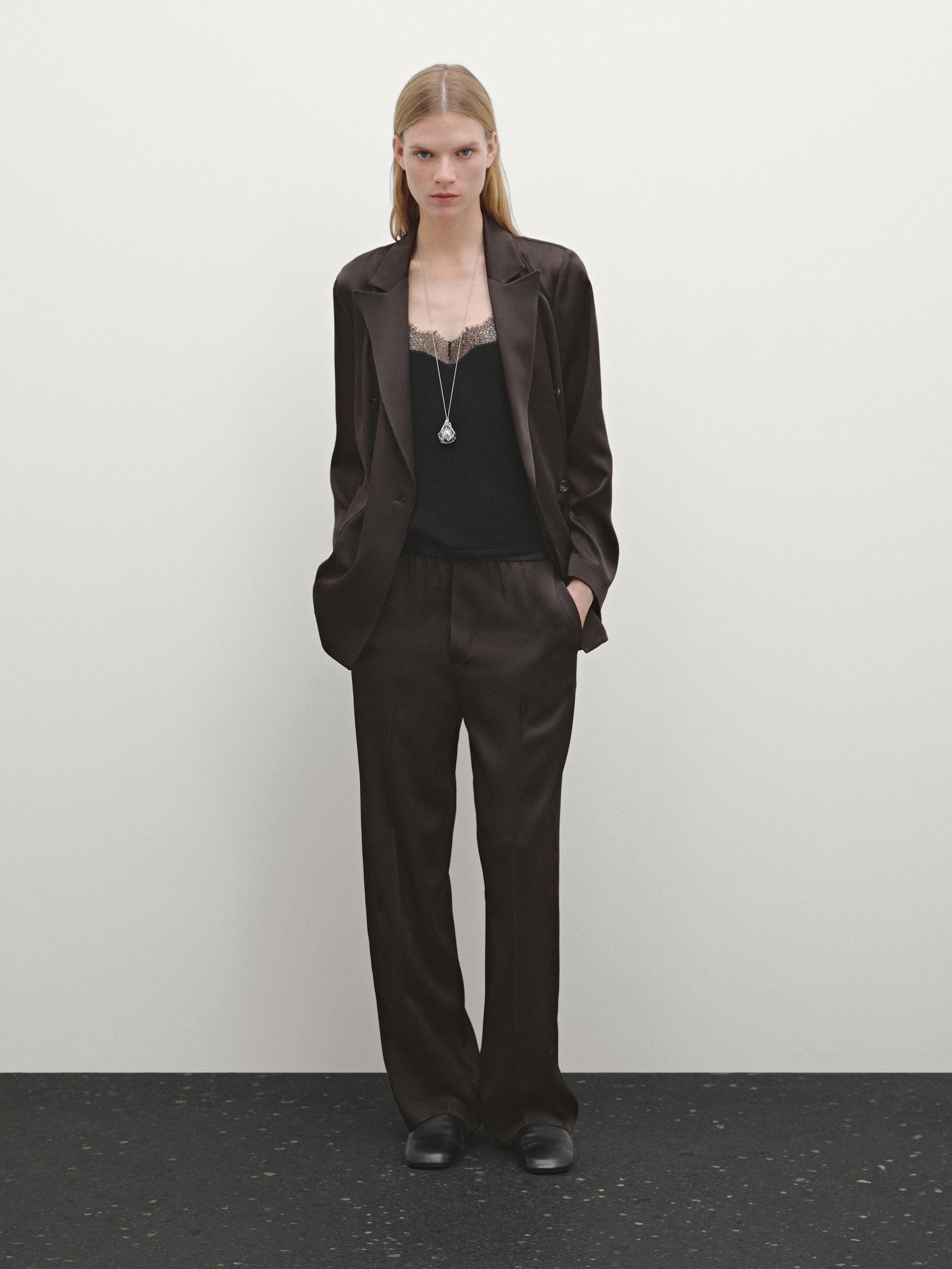 Pantalón Ancho Satinado - Marrón - 42 - Massimo Dutti - Mujer