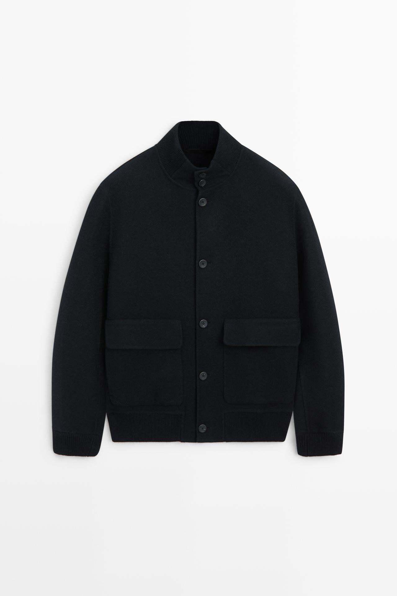 Wool blend pocket detail bomber jacket — DEEP BLUE
