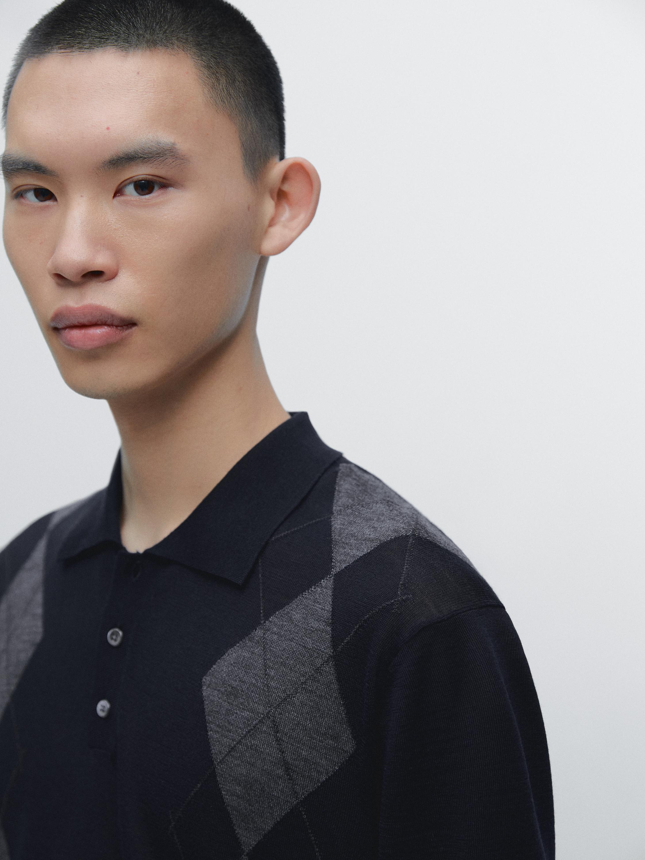 Merino wool blend argyle knit polo sweater — NAVY BLUE